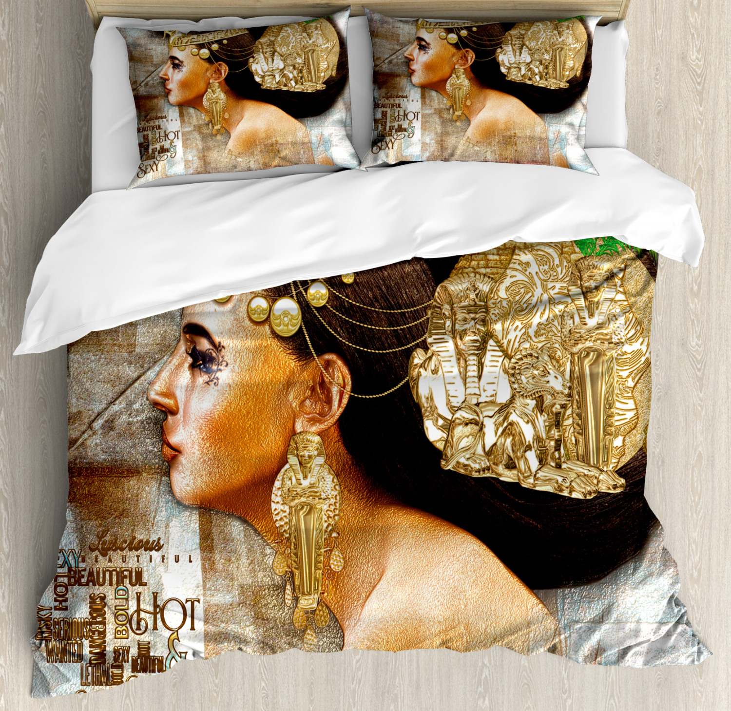 Egyptian Duvet Cover Set with Pillow Shams Queen Cleopatra Artful Print