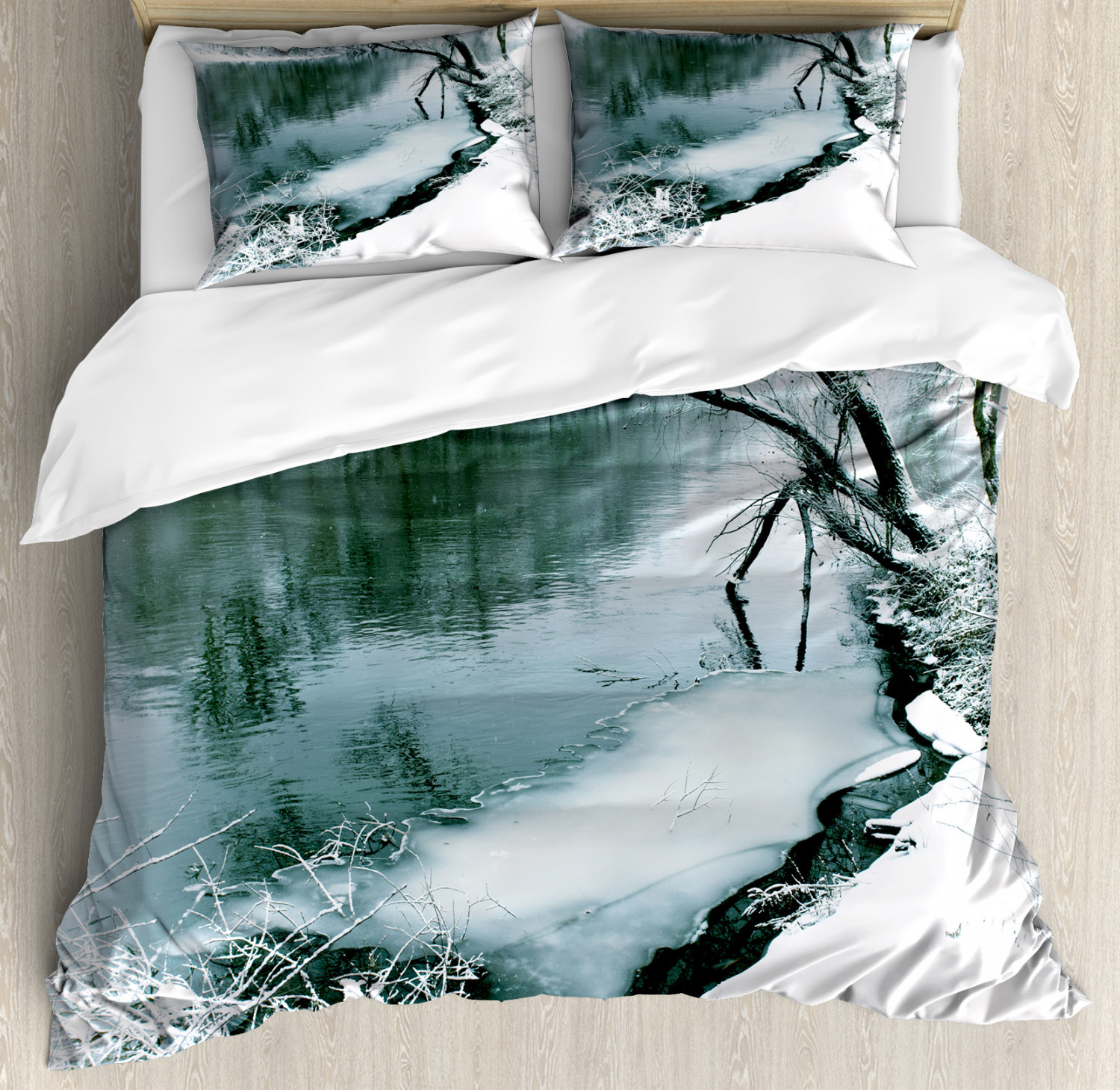 Details about   Forest Quilted Bedspread & Pillow Shams Set Winter Snowy Foliage Print 
