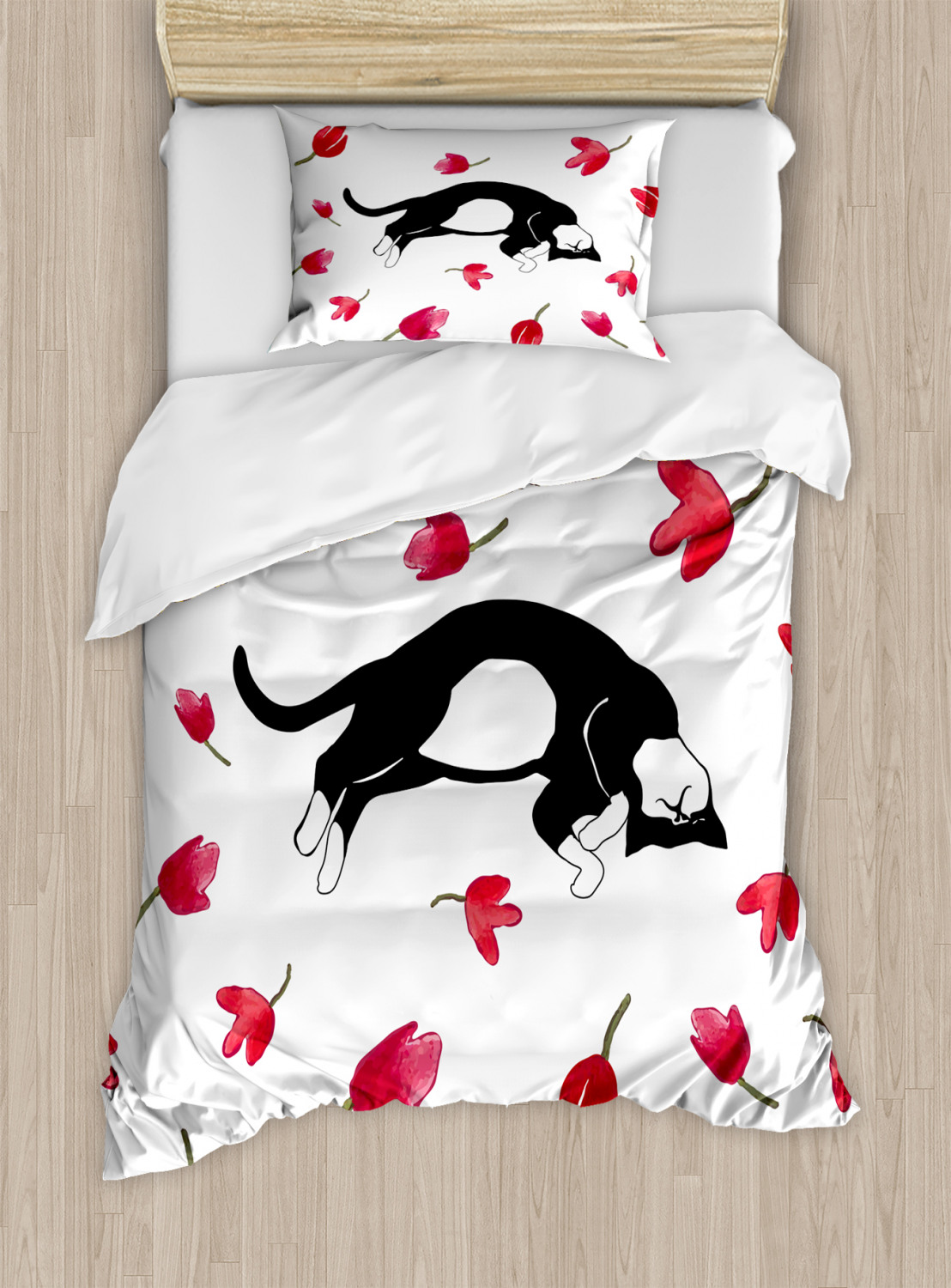 Kitten Duvet Cover Set with Pillow Shams Cute Cat Sleeping Tulips Print