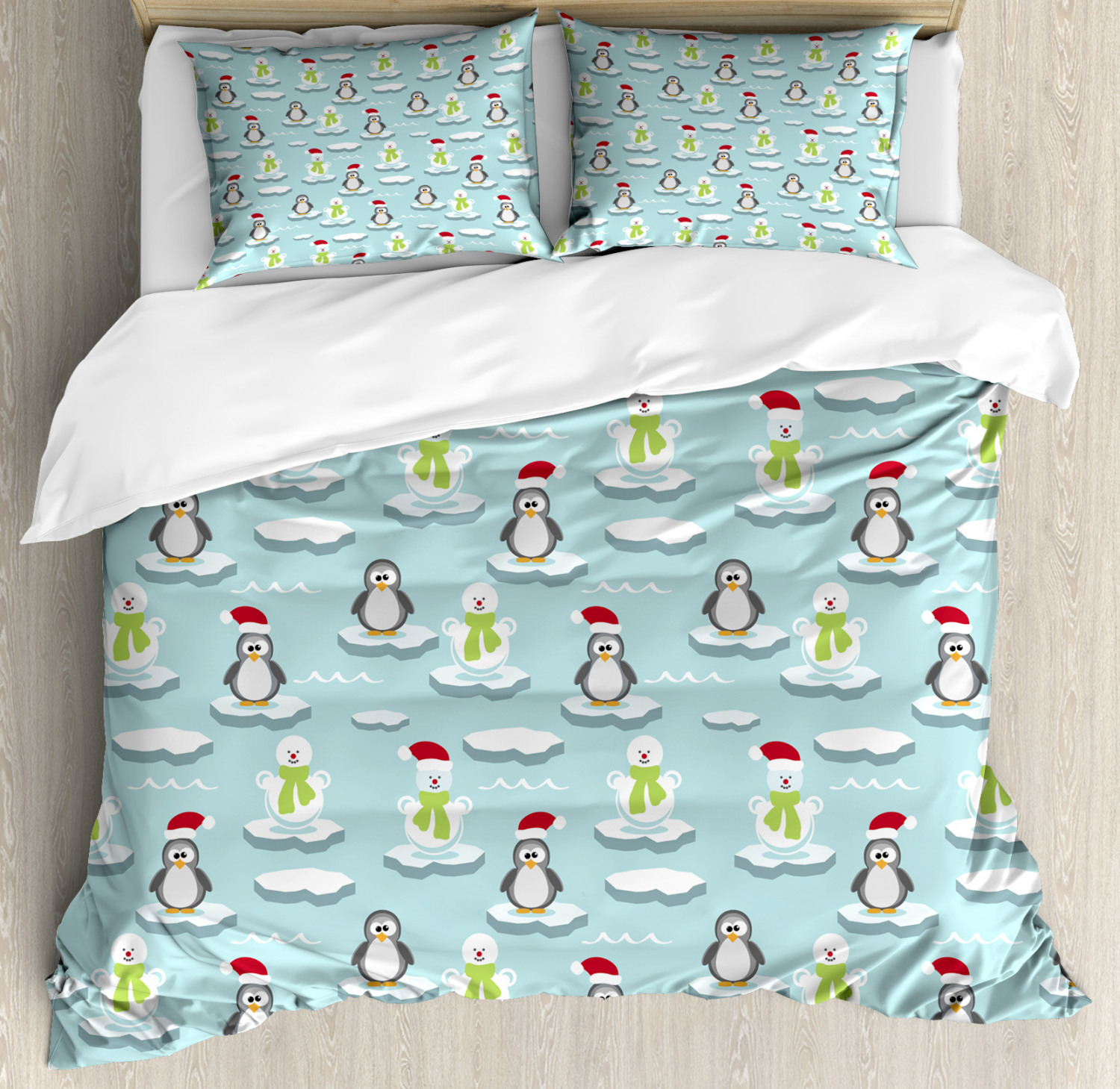 Kids Duvet Cover Set With Pillow Shams Penguin Snowman Ice Floe