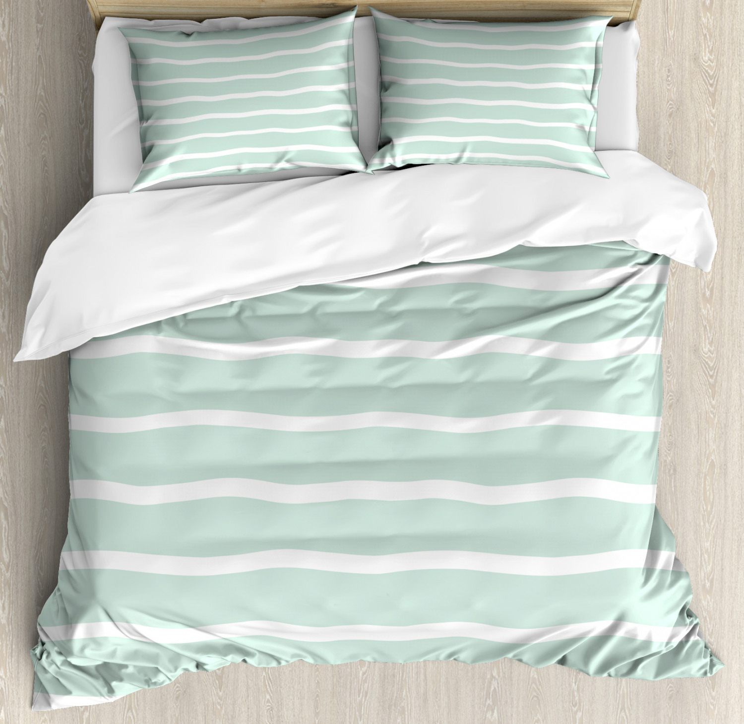 Mint Duvet Cover Set with Pillow Shams Wavy Lines White Striped Print