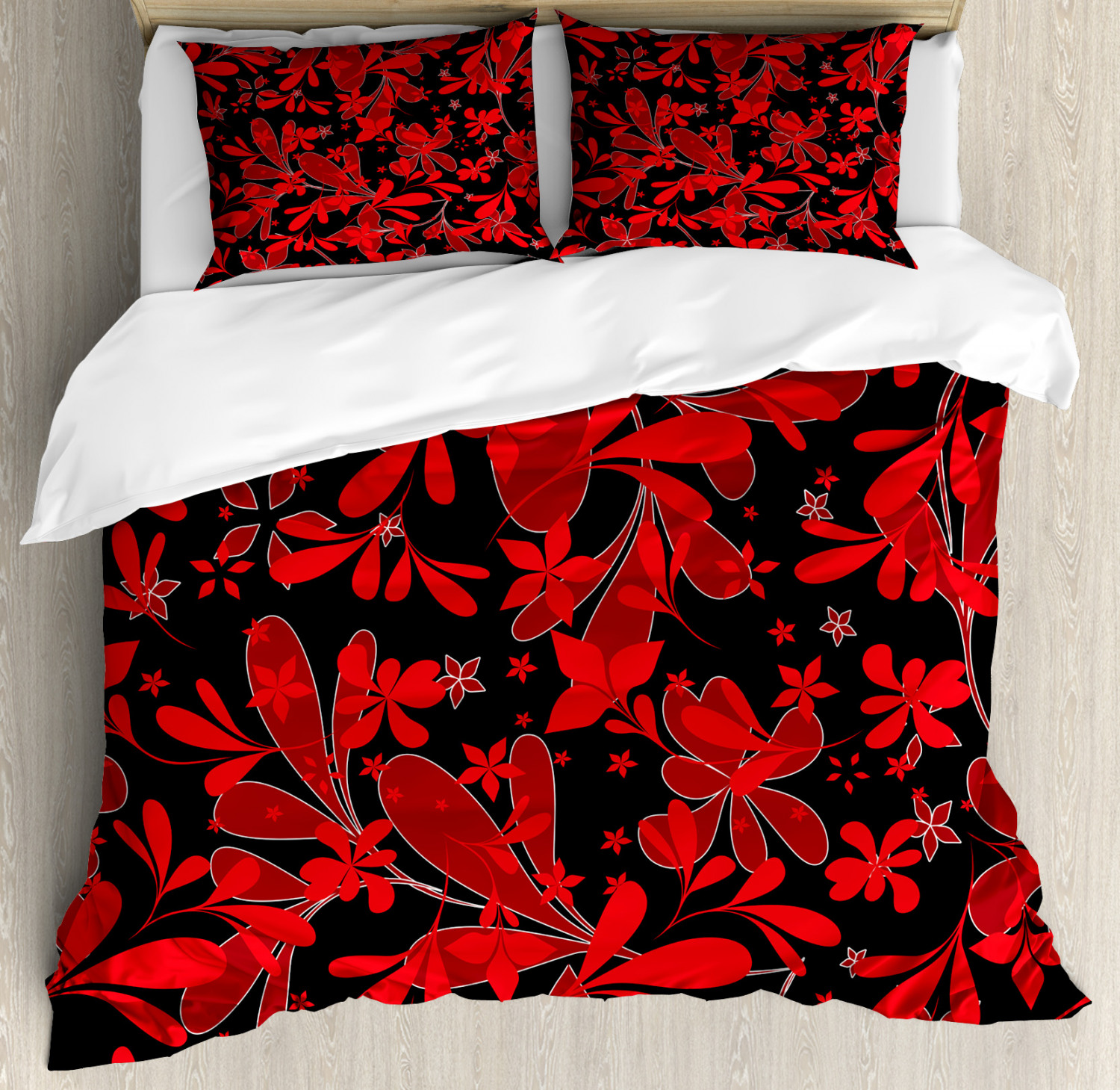 Red Black Duvet Cover Set with Pillow Shams Oceanic Island Flower Print - Picture 3 of 8