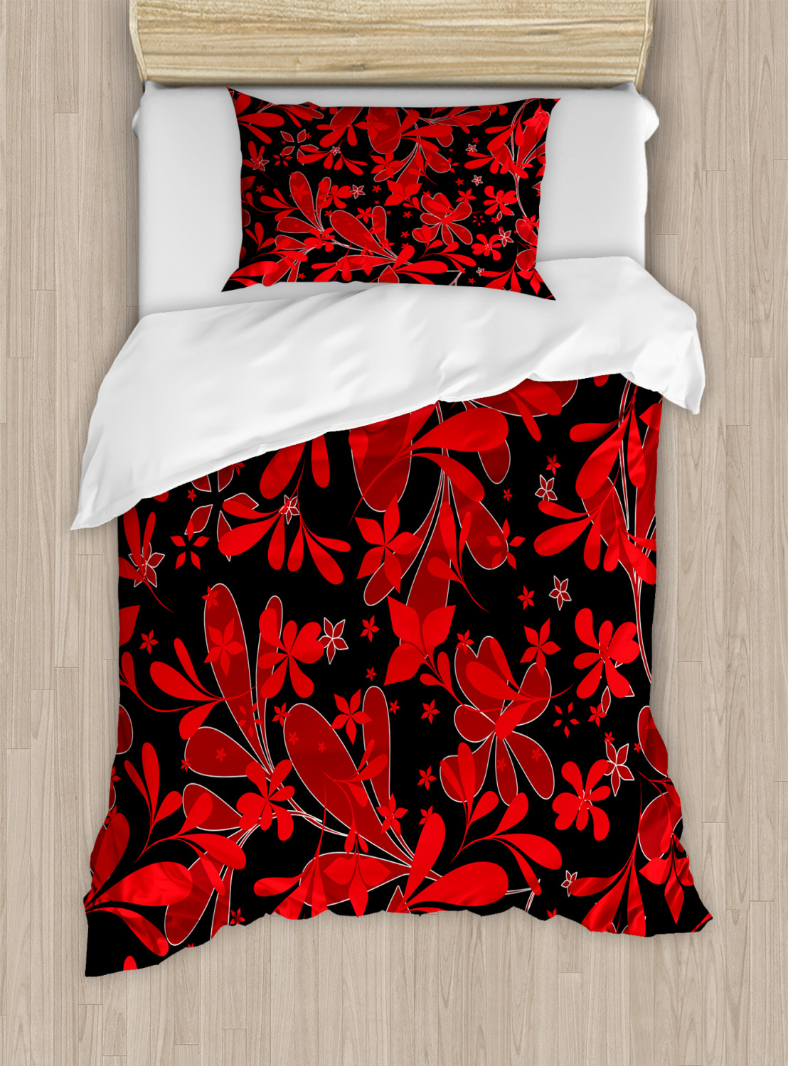 Red Black Duvet Cover Set with Pillow Shams Oceanic Island Flower Print - Picture 7 of 8