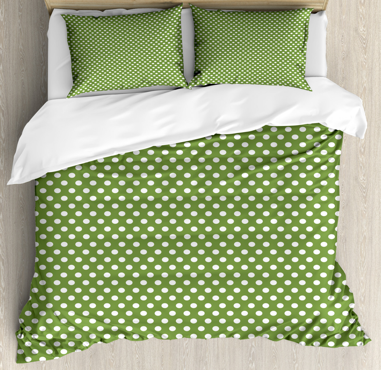 Green Duvet Cover Set with Pillow Shams White Simple Polka Dots Print