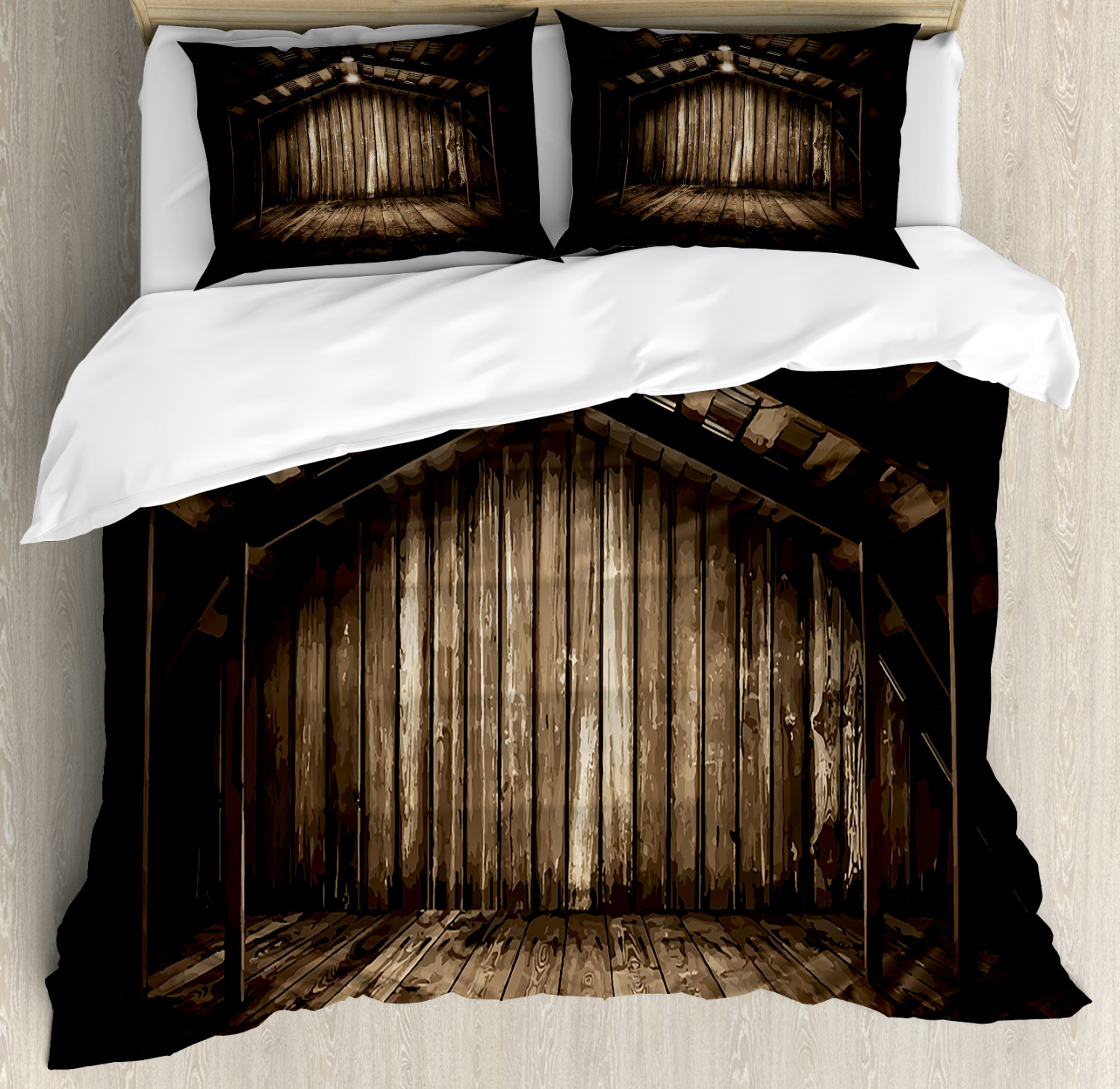 Rustic Duvet Cover Set With Pillow Shams Wooden Cottage Print For