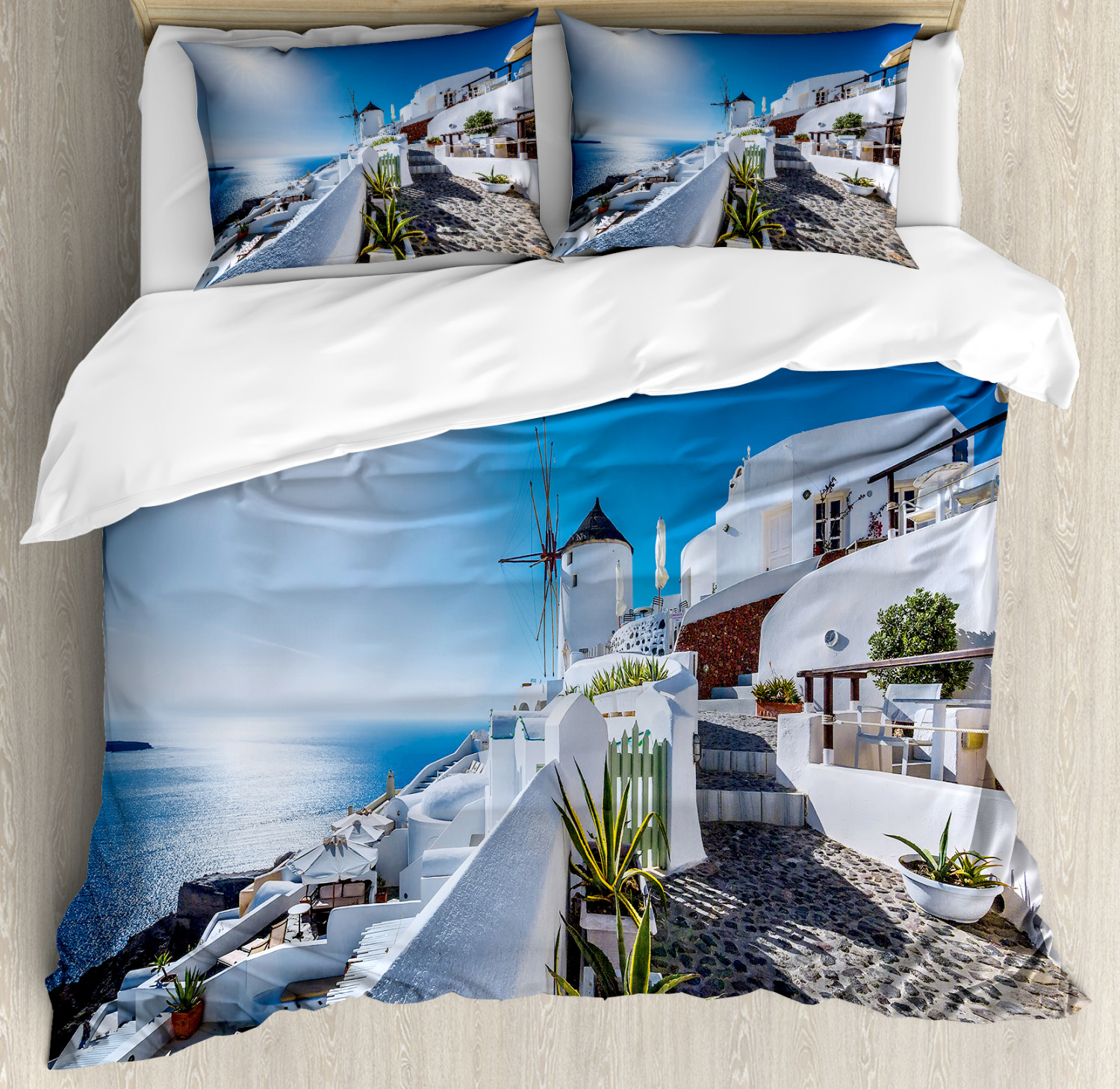 Summer Duvet Cover Set With Pillow Shams Oia Village In Santorini