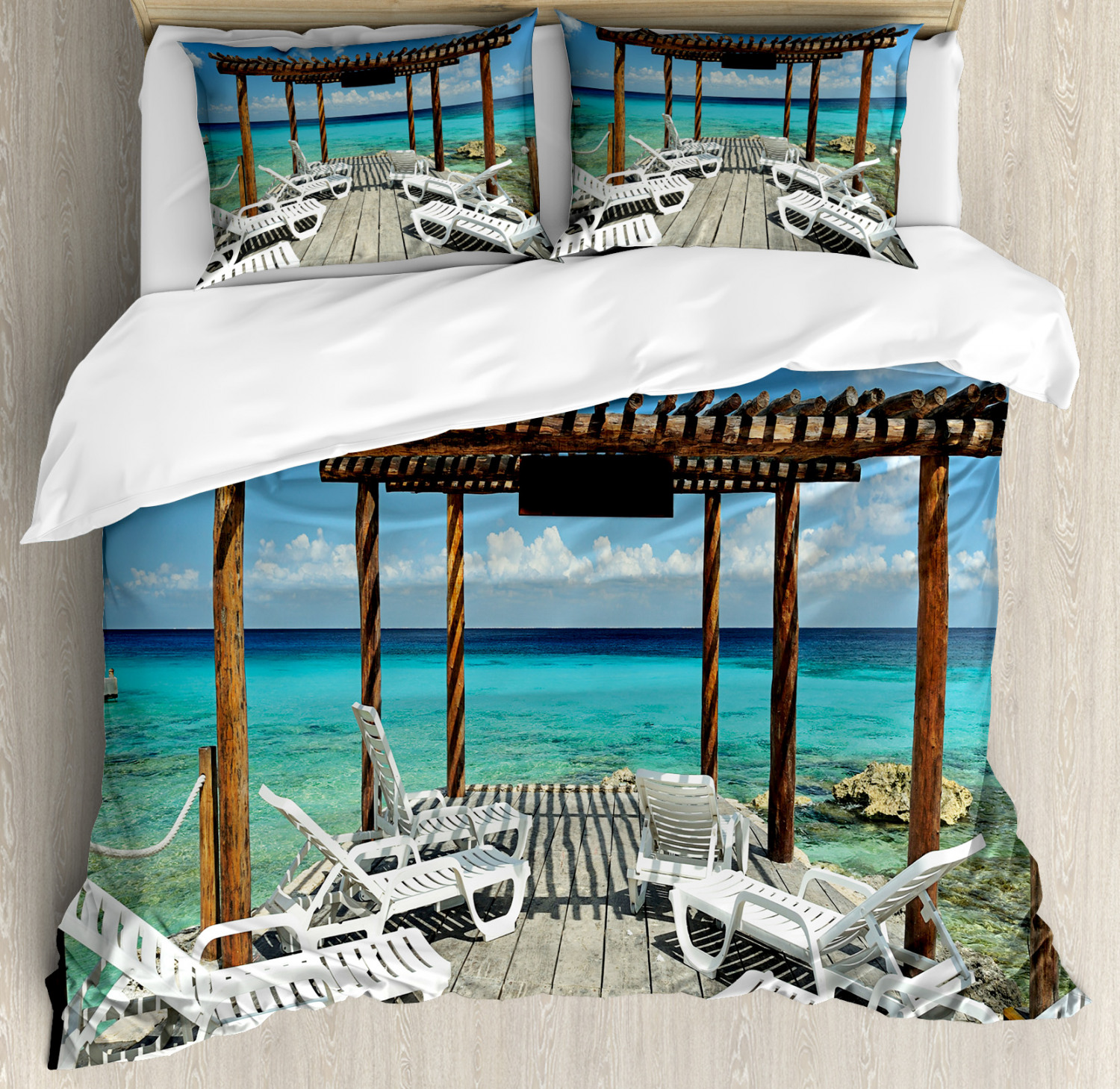 Summer Duvet Cover Set with Pillow Shams Sunbeds SeaSunbeds Print | eBay