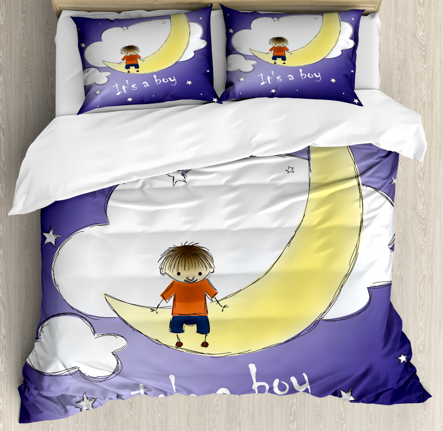 Moon Duvet Cover Set With Pillow Shams Boy Baby Sky Greeting Print