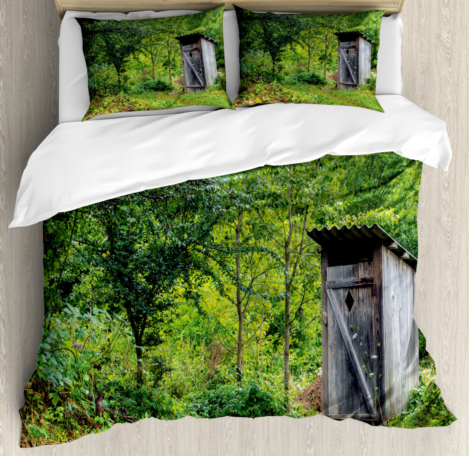 Outhouse Duvet Cover Set with Pillow Shams Ancient Cottage Forest Print Outhouse Duvet Cover Set with Pillow Shams Ancient Cottage Forest Print