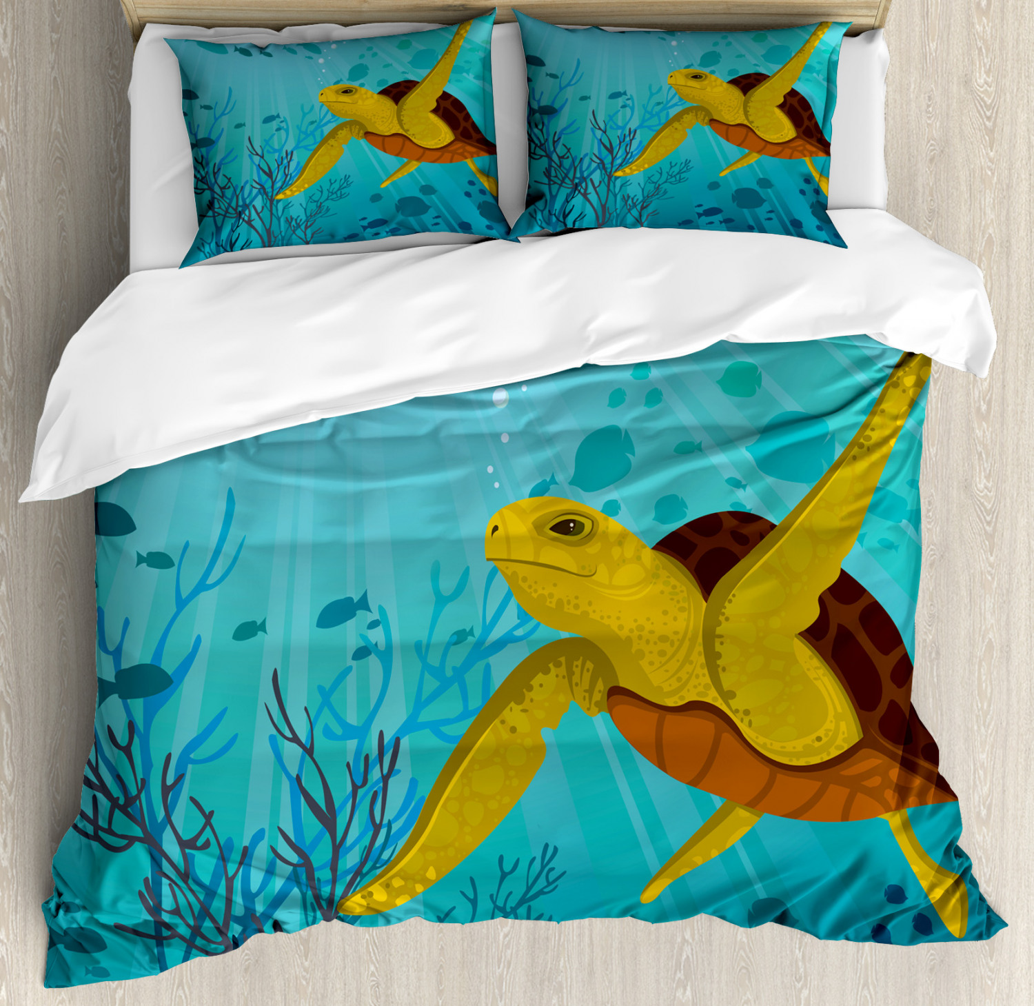 Ocean Duvet Cover Set With Pillow Shams Cute Cartoon Turtle Coral