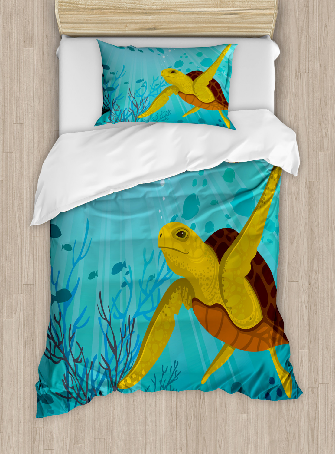 Ocean Duvet Cover Set with Pillow Shams Cute Cartoon Turtle Coral Print - Picture 7 of 8