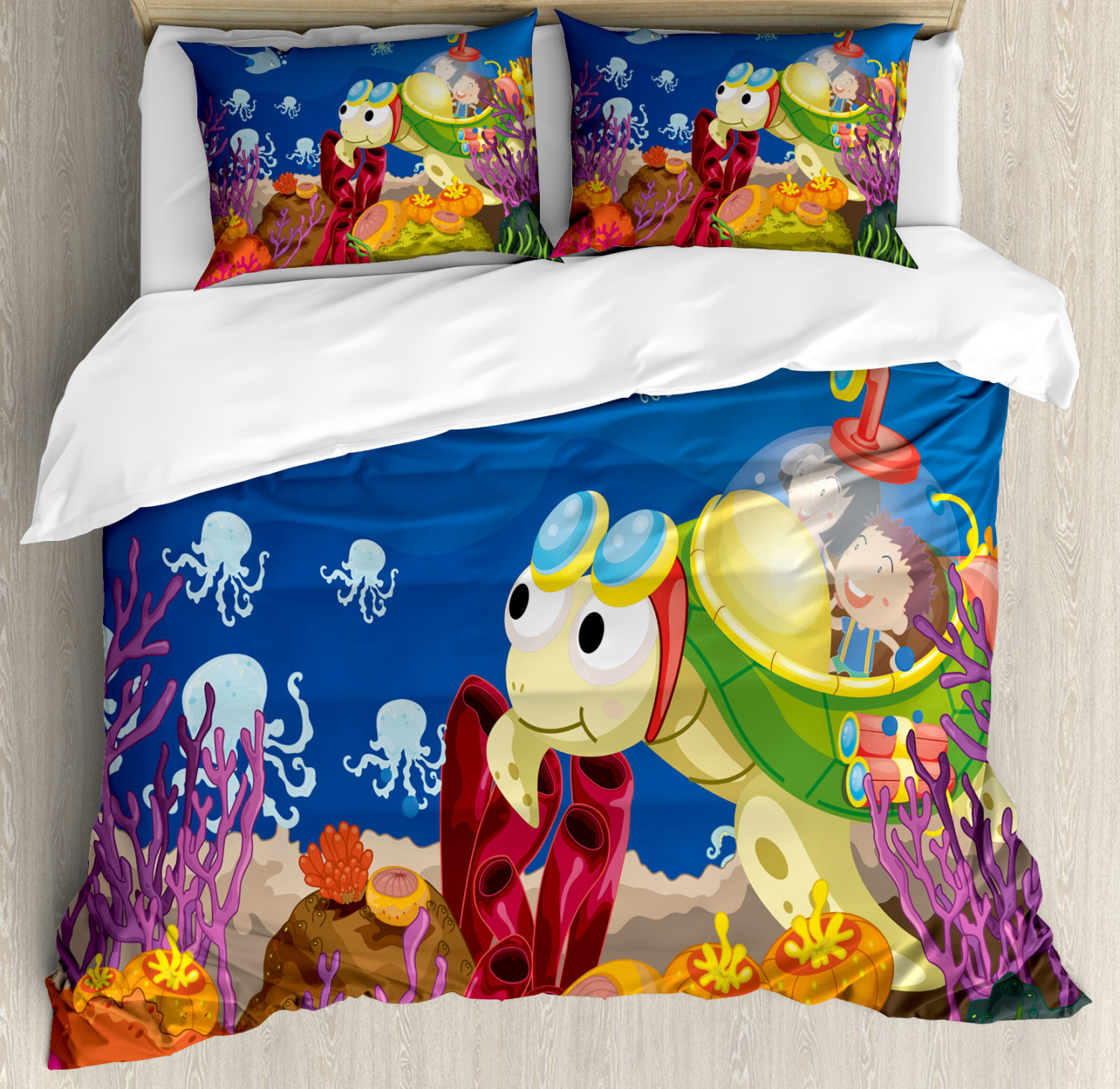 Kids Duvet Cover Set With Pillow Shams Cartoon Turtle Children