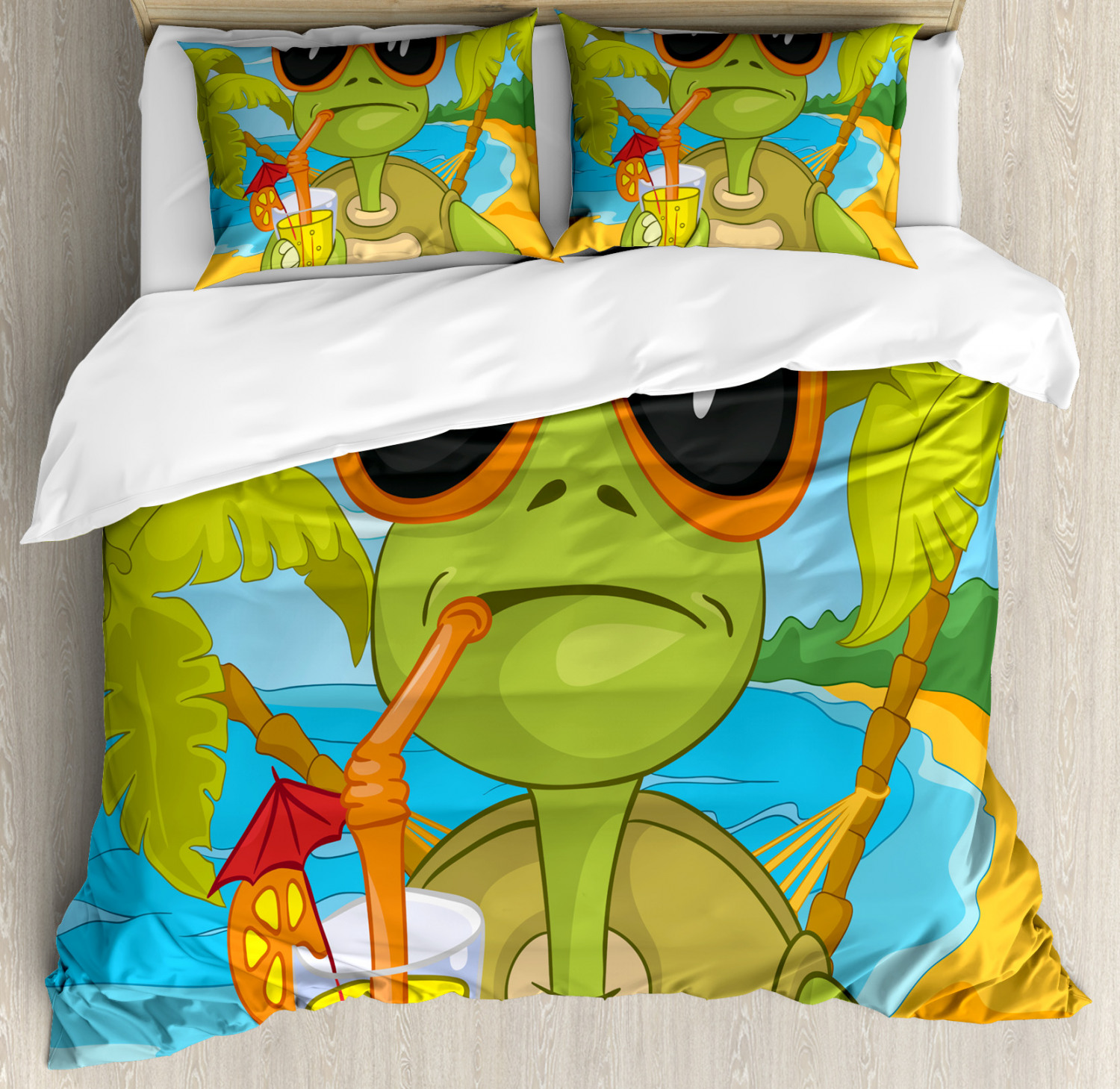 Cool Duvet Cover Set With Pillow Shams Turtle Drinking Cocktail