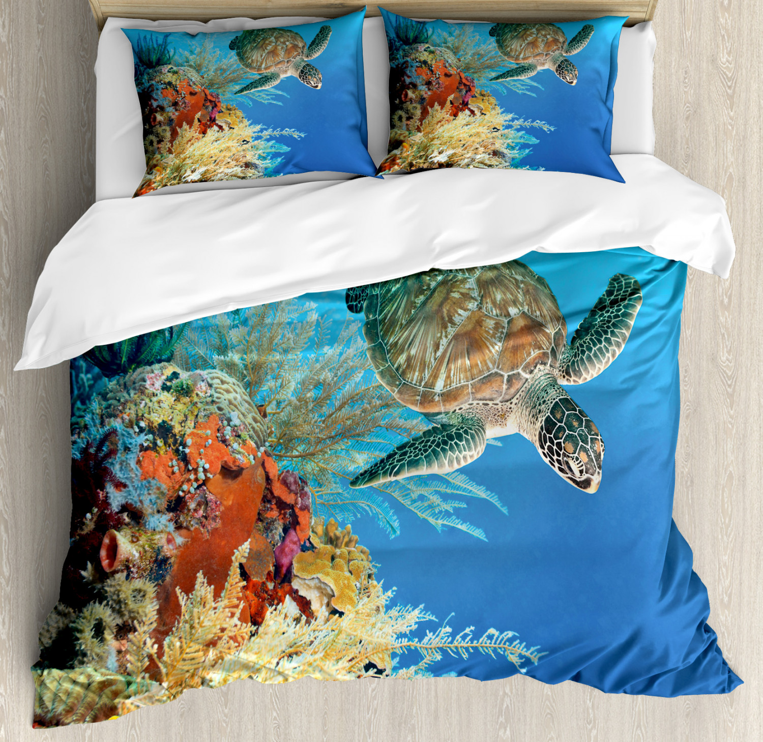 Underwater Duvet Cover Set With Pillow Shams Exotic Turtle Coral