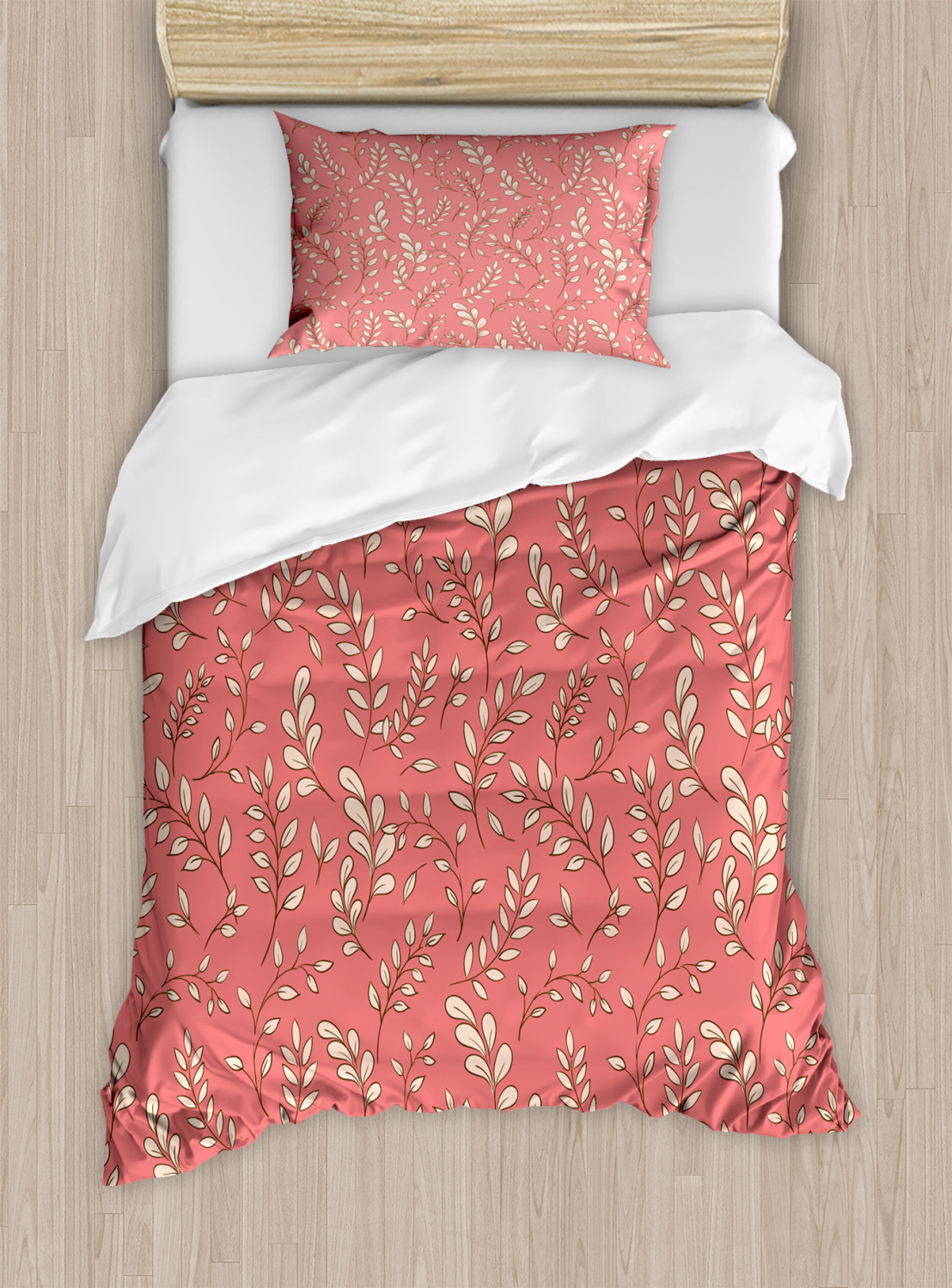 Coral Duvet Cover Set with Pillow Shams Leaves Twigs Botanical Print | eBay