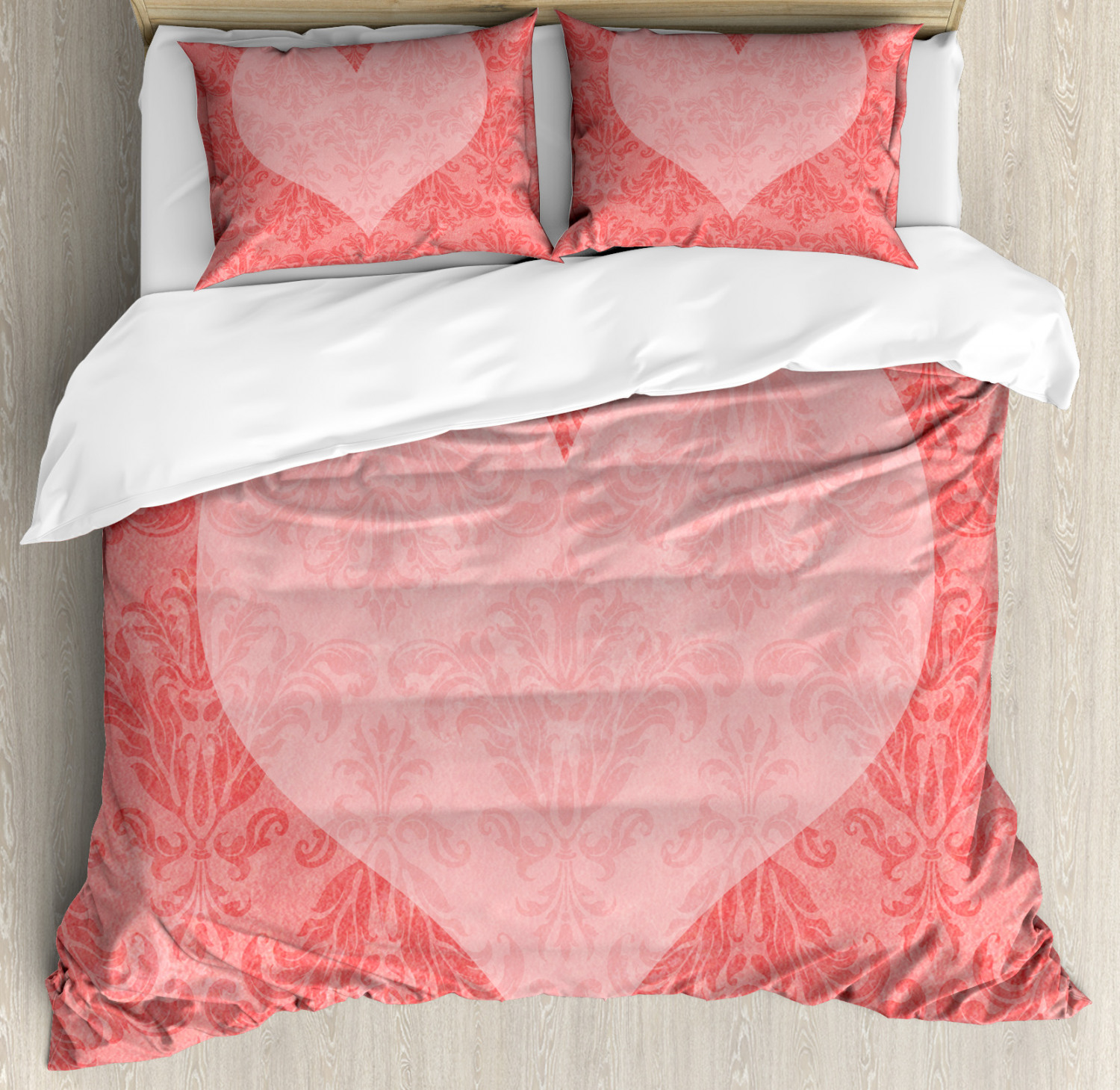 Coral Duvet Cover Set With Pillow Shams Pink Heart Ancient Damask