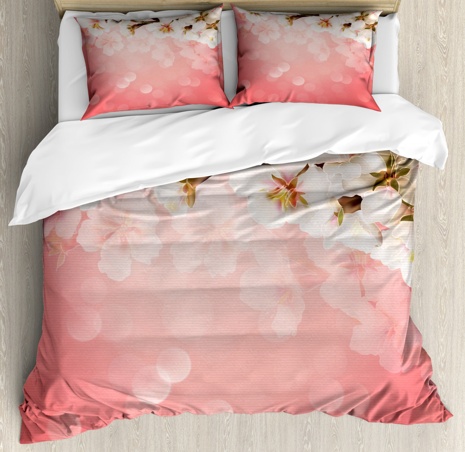 Coral Duvet Cover Set With Pillow Shams Blossoming Sakura Branch