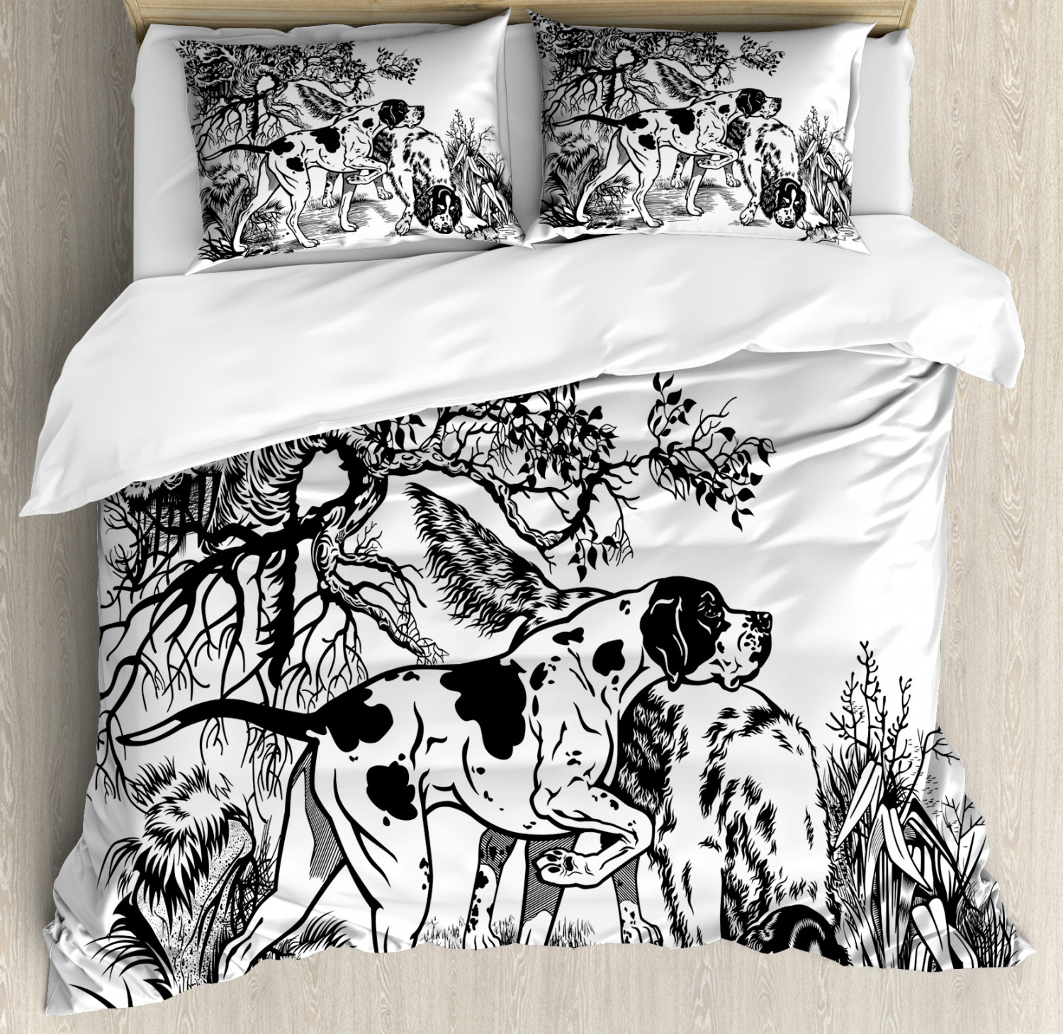 Hunting Duvet Cover Set With Pillow Shams Dogs In Forest Print Ebay