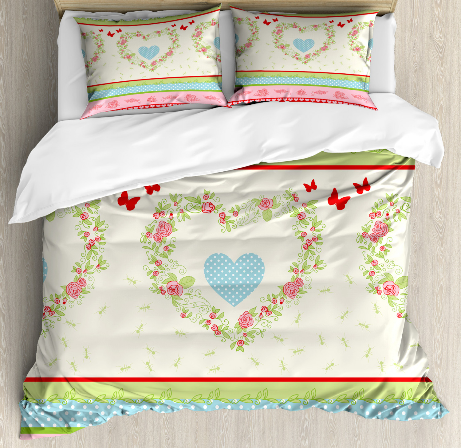 Shabby Chic Duvet Cover Set With Pillow Shams Country Rose Hearts