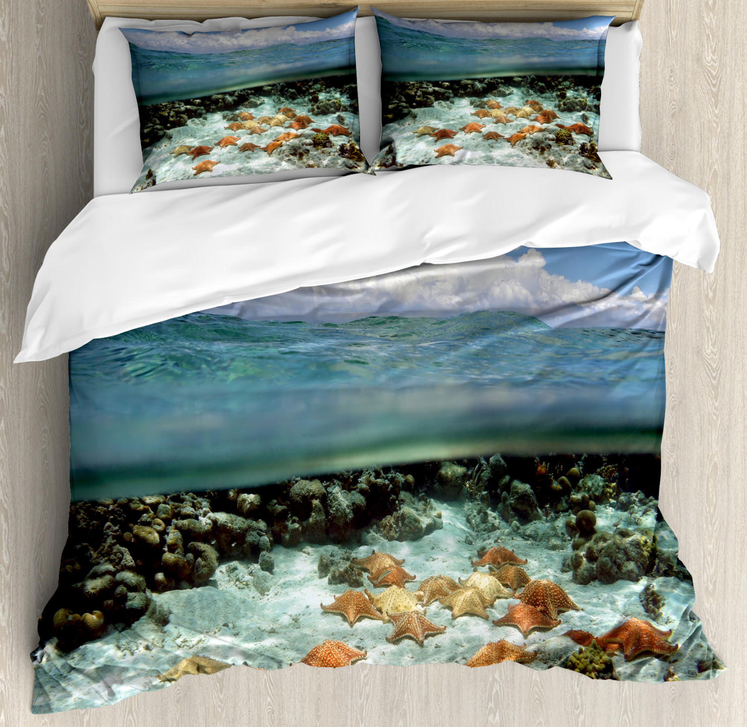 Starfish Duvet Cover Set With Pillow Shams Sky Clouds Sea Print Image Is Loading Starfish Duvet Cover Set With Pillow Shams Sky
