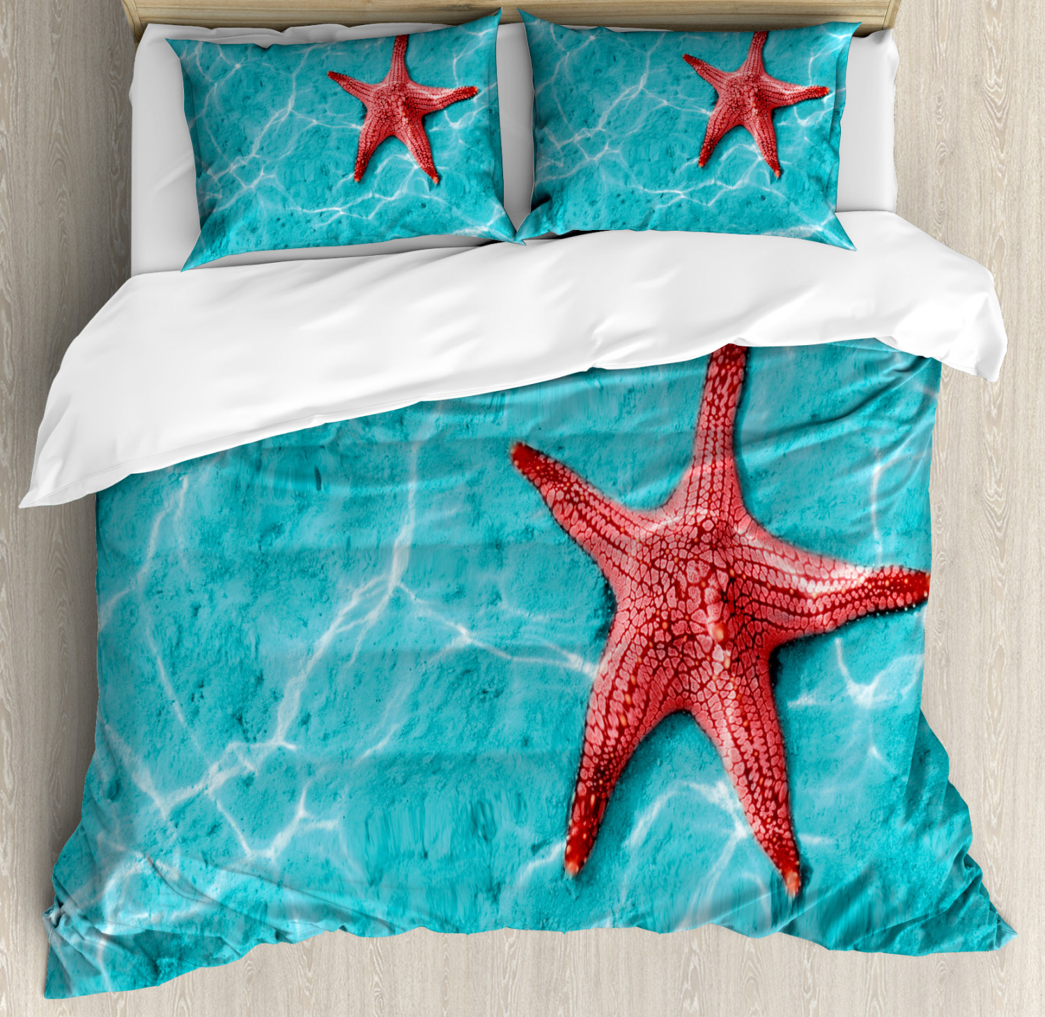 Starfish Duvet Cover Set With Pillow Shams Vivid Blue Water Print