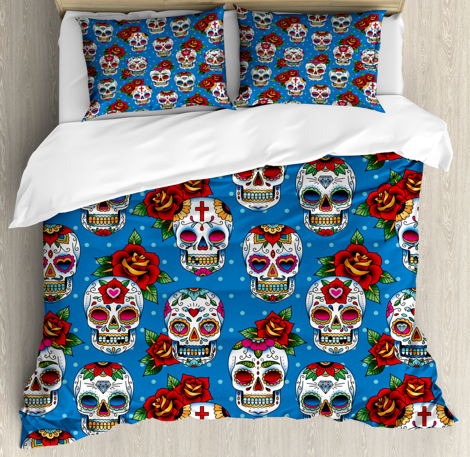 Sugar Skull Duvet Cover Set with Pillow Shams Mexican Retro Dots Print