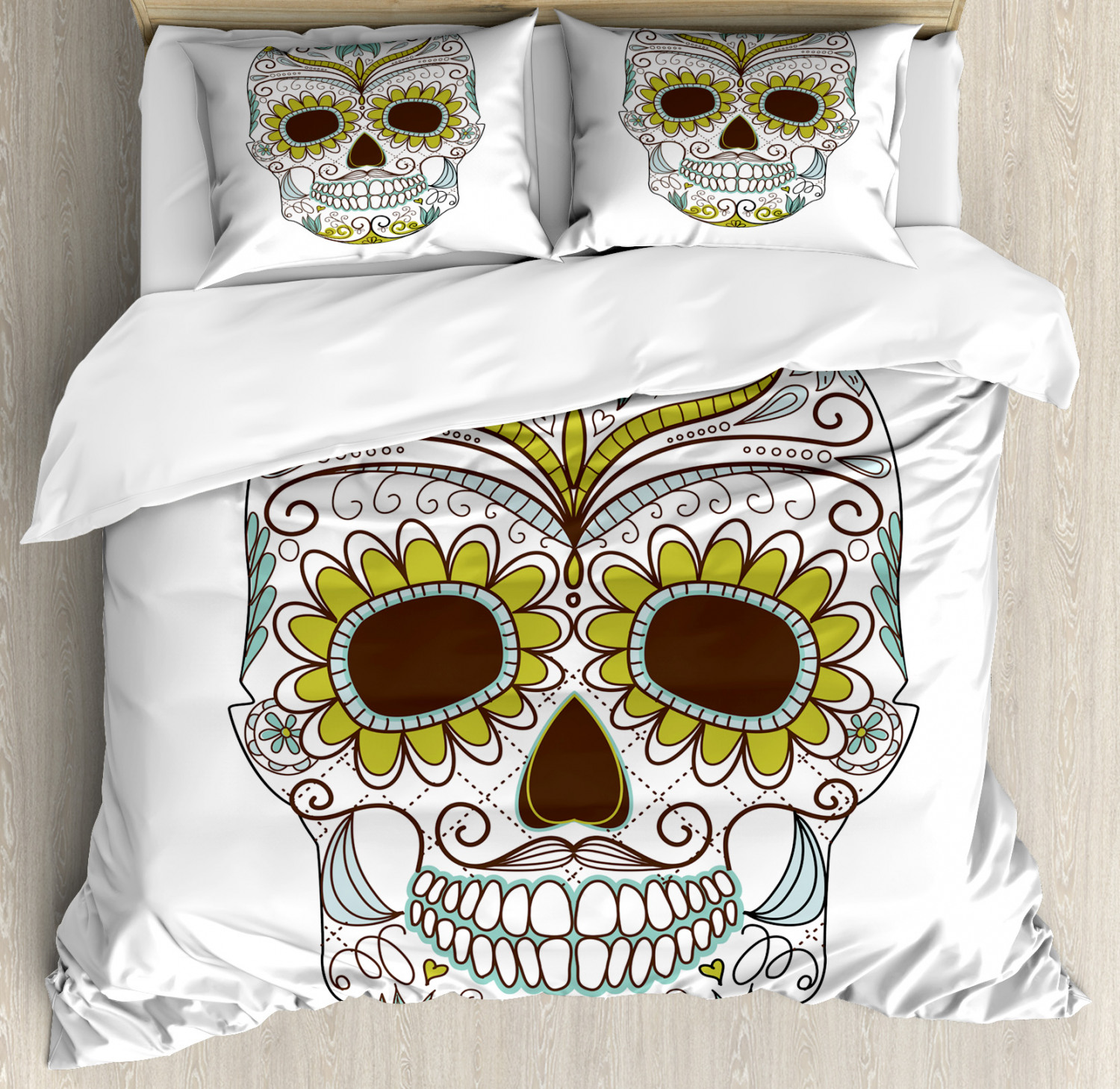 Sugar Skull Duvet Cover Set With Pillow Shams Folk Floral Figure