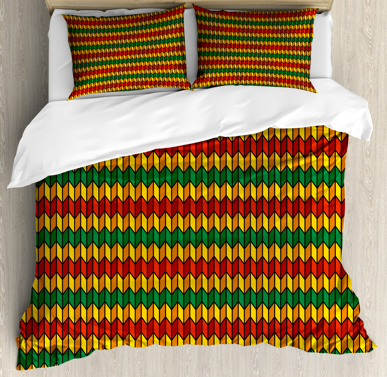 Rasta Duvet Cover Set with Pillow Shams Triangle Inspired Shapes Print Rasta Duvet Cover Set with Pillow Shams Triangle Inspired Shapes Print