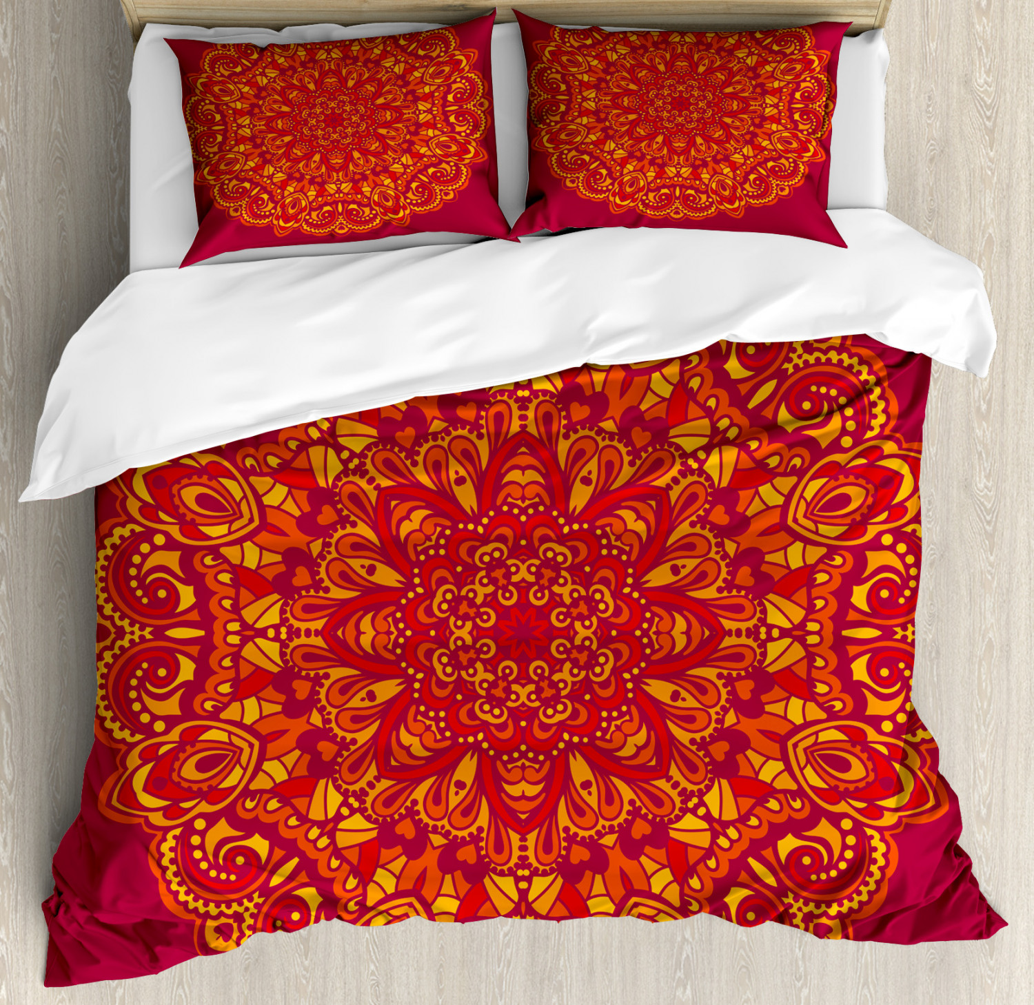 Red Mandala Duvet Cover Set with Pillow Shams Psychedelic Ancient Print Red Mandala Duvet Cover Set with Pillow Shams Psychedelic Ancient Print