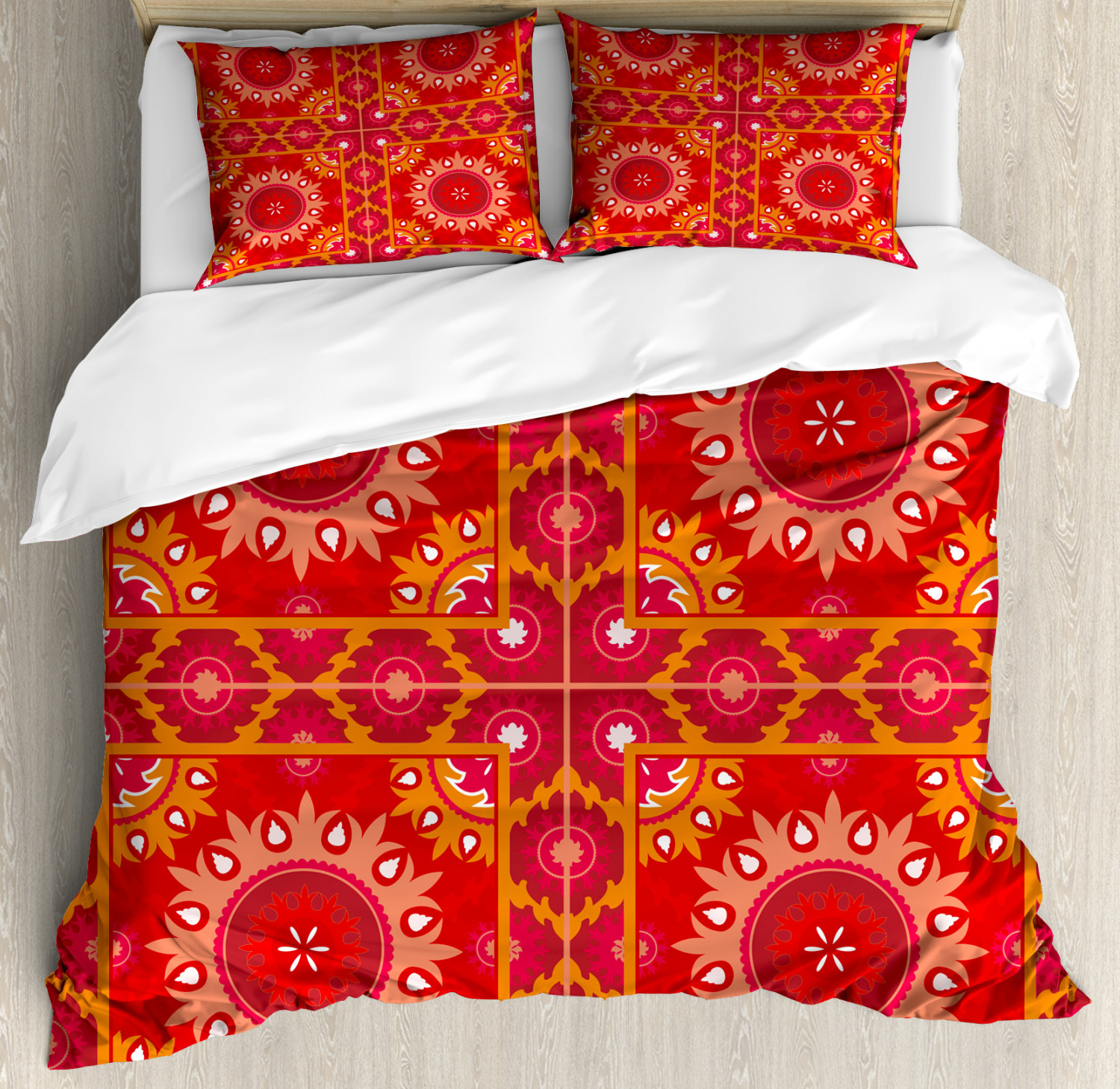 Red Mandala Duvet Cover Set with Pillow Shams Oriental Asian Tile Print