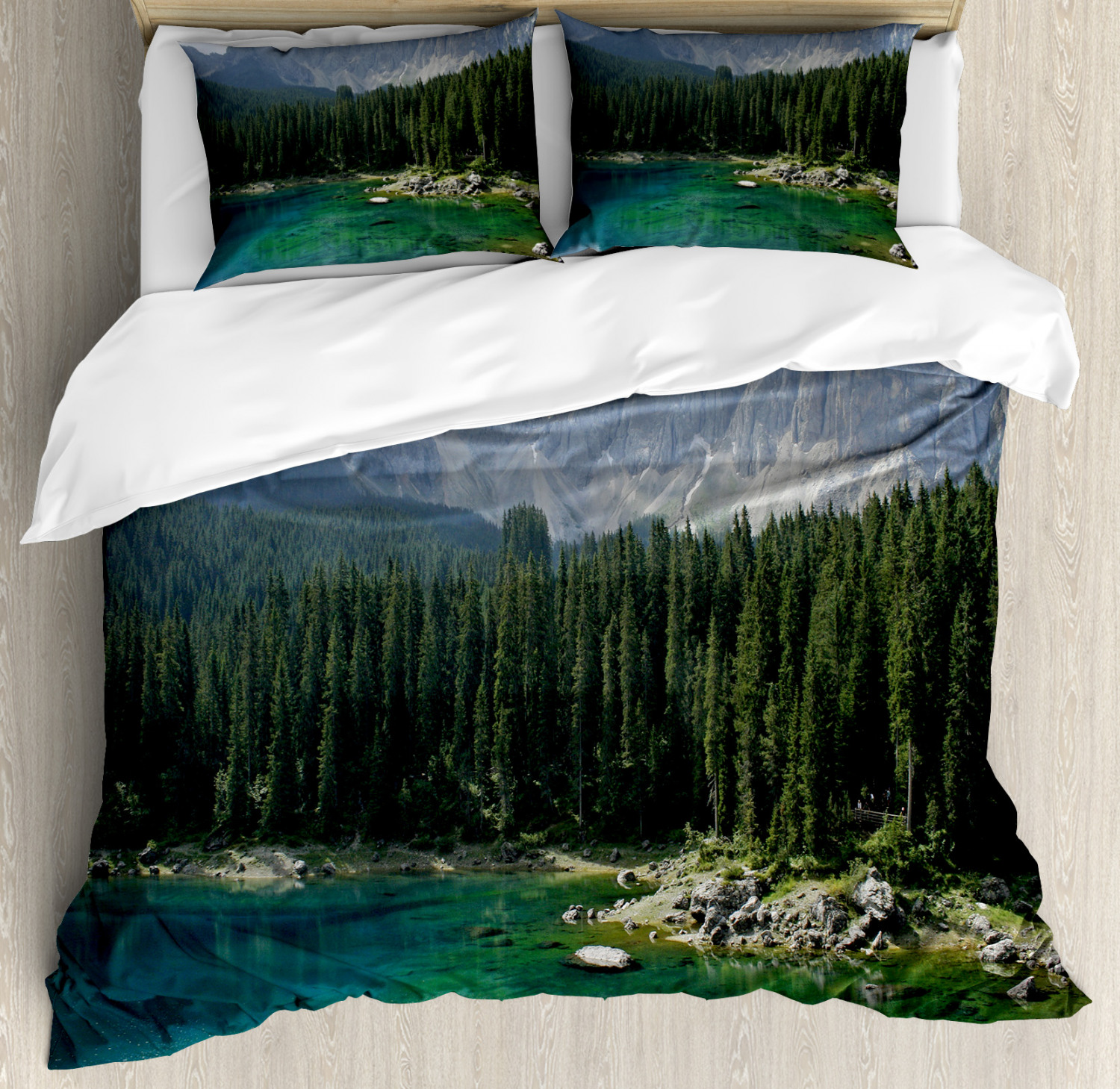 Forest Duvet Cover Set With Pillow Shams Aerial View Pines Lake