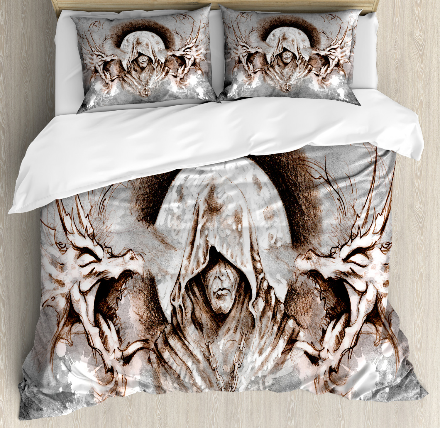 Details About Dragon Duvet Cover Set With Pillow Shams Monk Branches Medieval Print