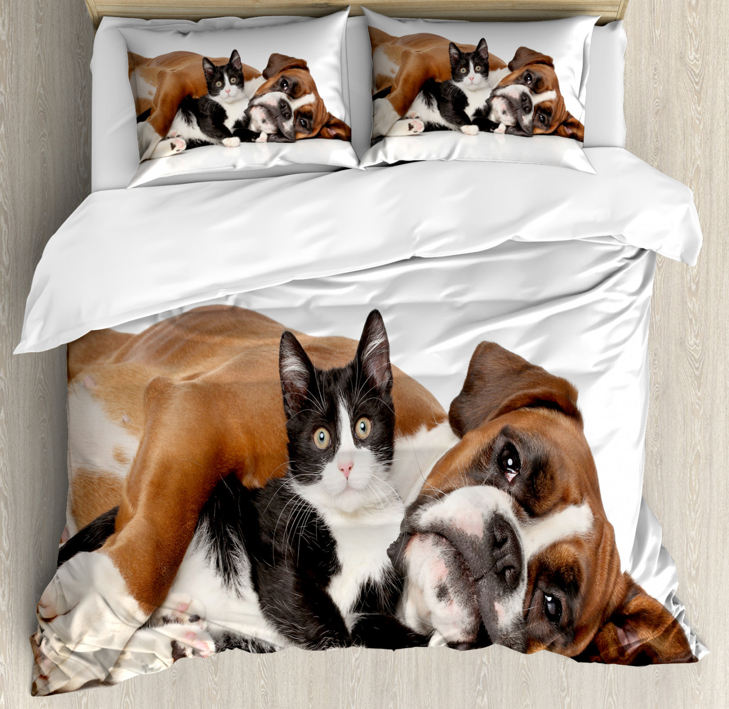 Funny Duvet Cover Set With Pillow Shams Cute Cat Dog Friendship