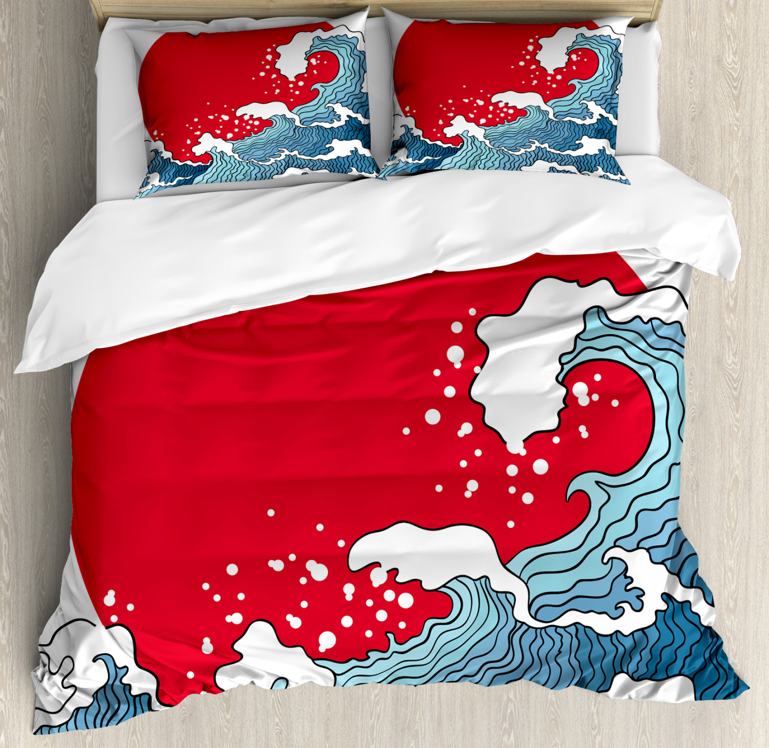 Japanese Wave Duvet Cover Set With Pillow Shams Red Sun Tsunami