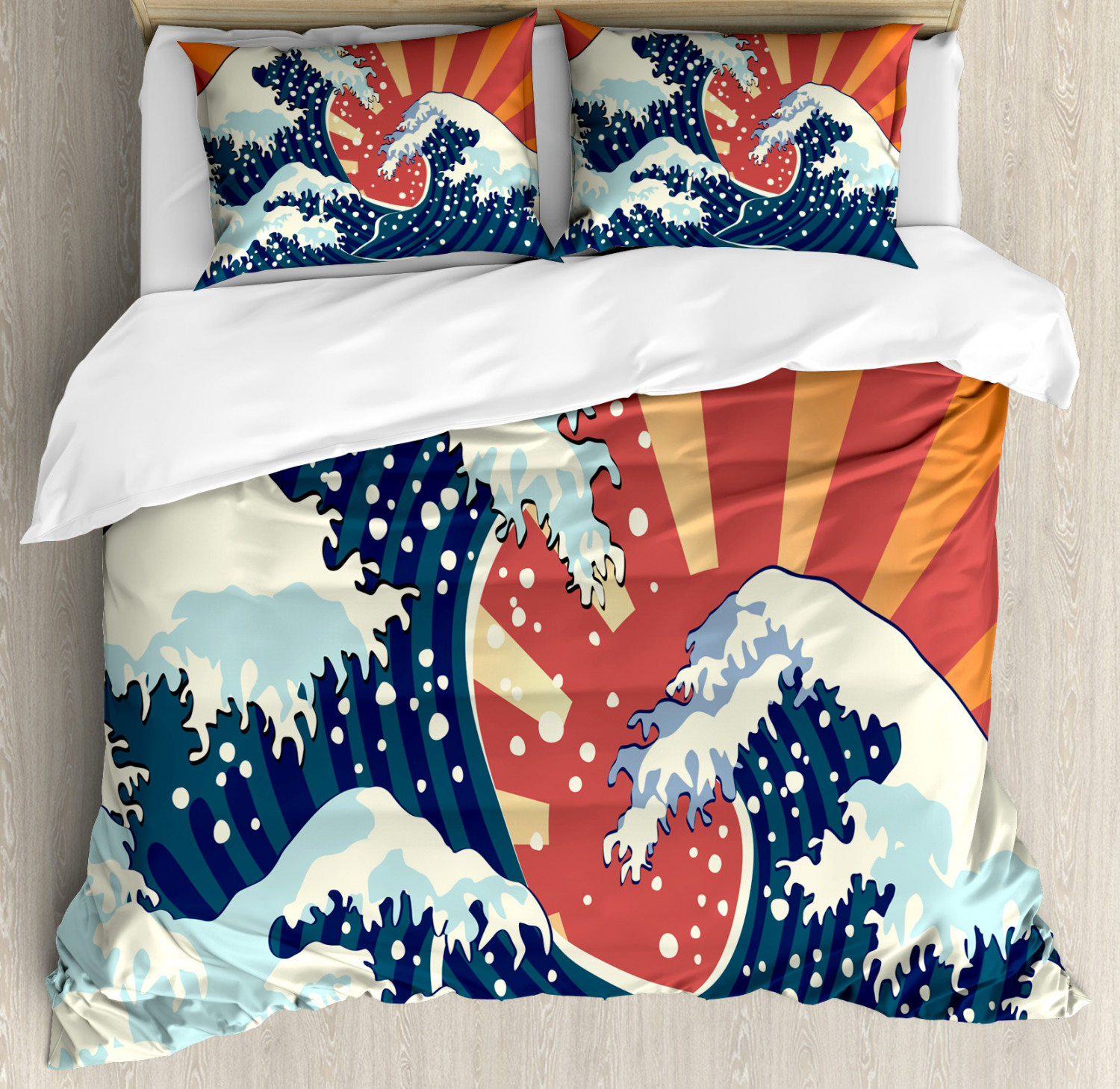 Japanese Wave Duvet Cover Set With Pillow Shams Sunset And Water