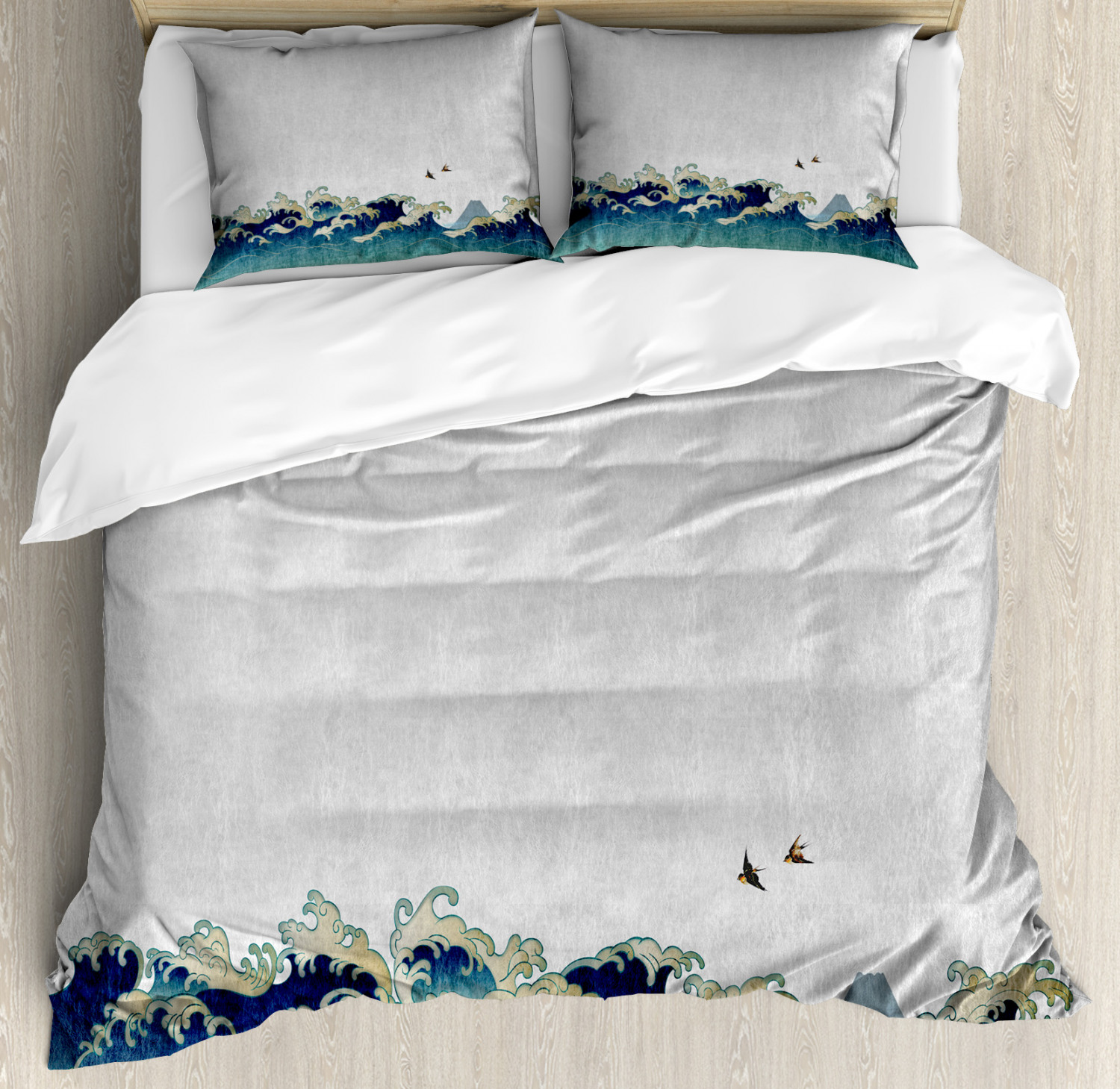 Japanese Wave Duvet Cover Set With Pillow Shams Aquatic Swirls