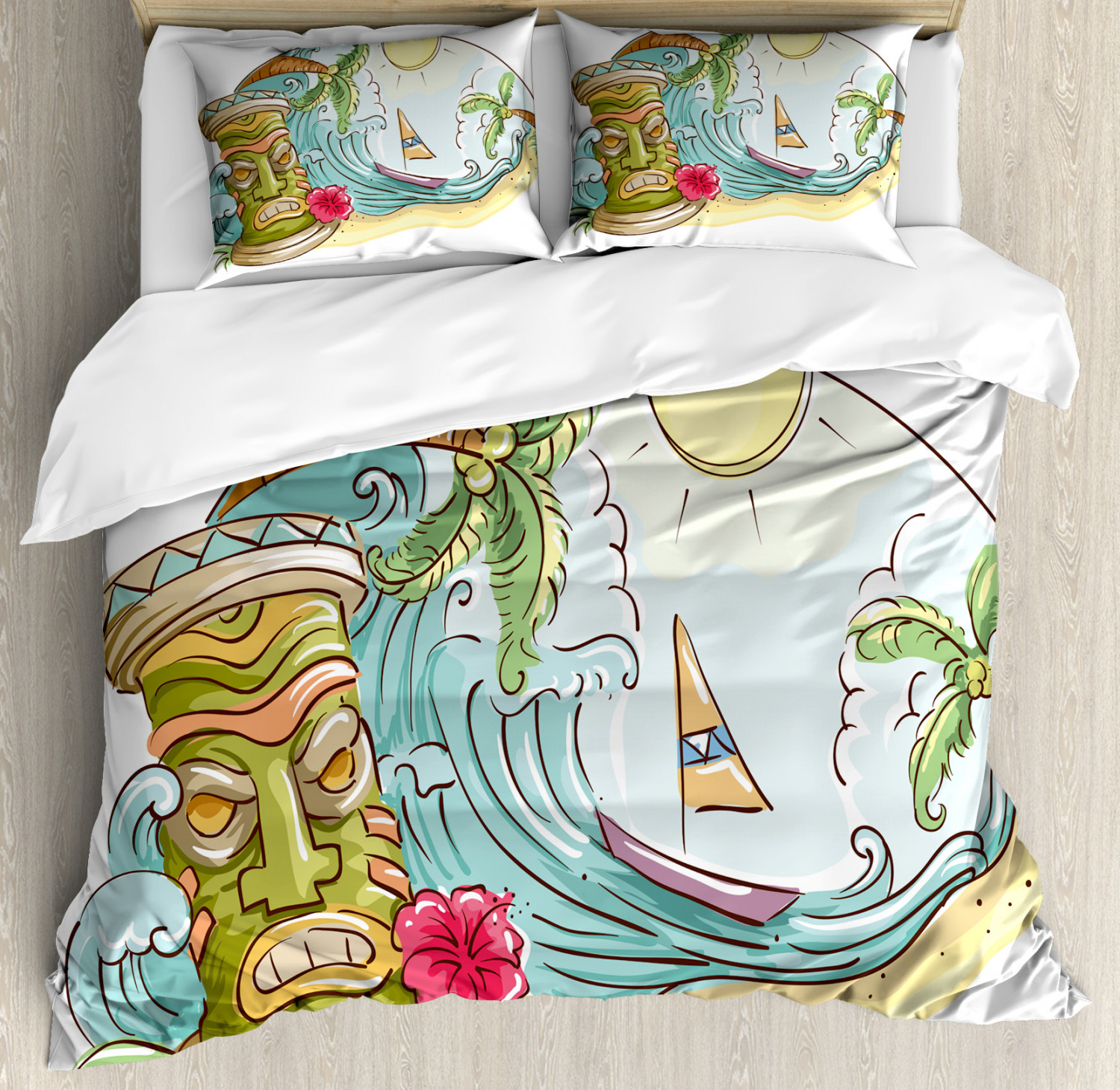 Tiki Bar Duvet Cover Set with Pillow Shams Cartoon Beach Print Tiki Bar Duvet Cover Set with Pillow Shams Cartoon Beach Print