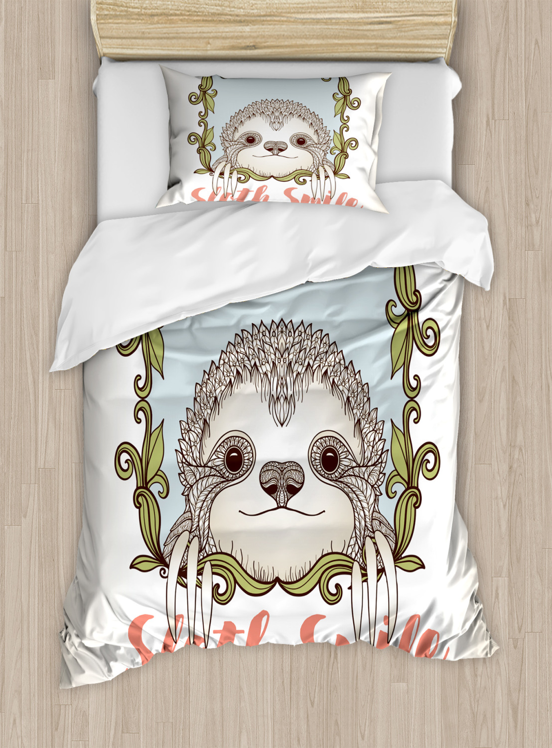 Sloth Duvet Cover Set with Pillow Shams Cute Animal Floral Frame Print
