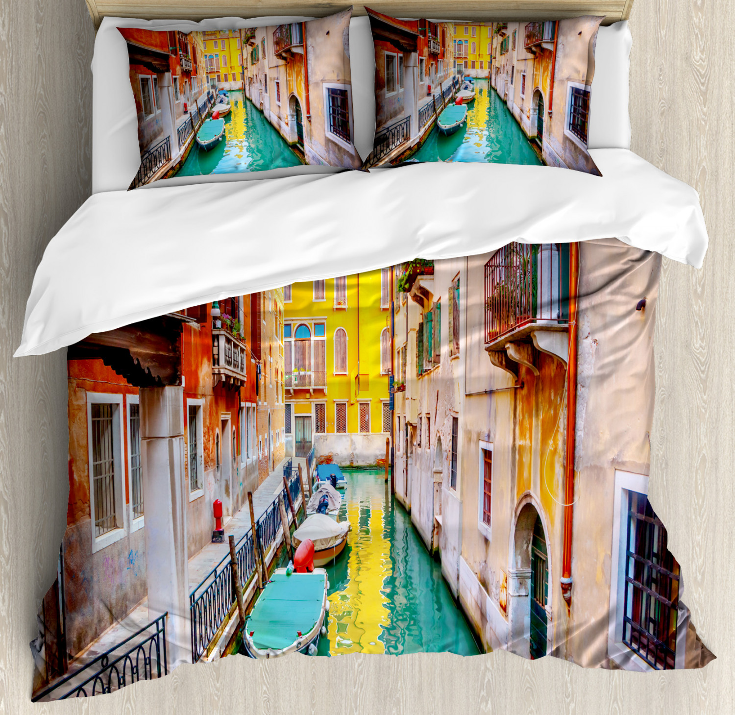 Venice Duvet Cover Set with Pillow Shams Vibrant Canal Gondolas Print Venice Duvet Cover Set with Pillow Shams Vibrant Canal Gondolas Print