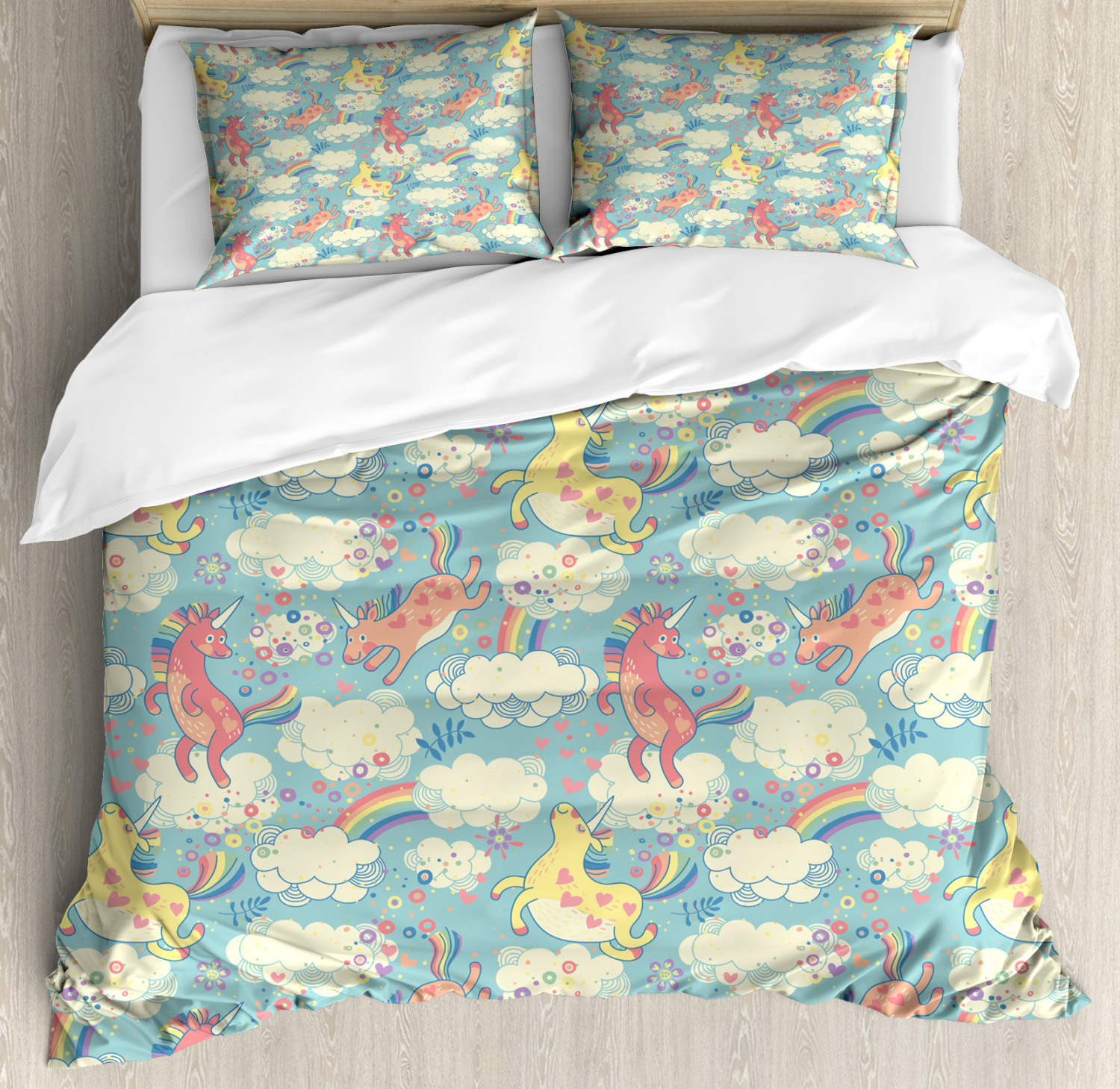 Pastel Duvet Cover Set With Pillow Shams Rainbow Unicorns In Sky