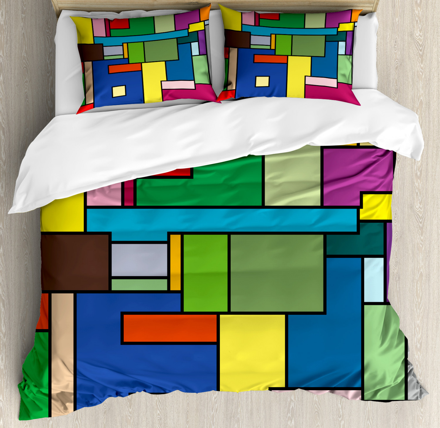 Vivid Mondrian Squares Print Art Quilted Bedspread & Pillow Shams Set 