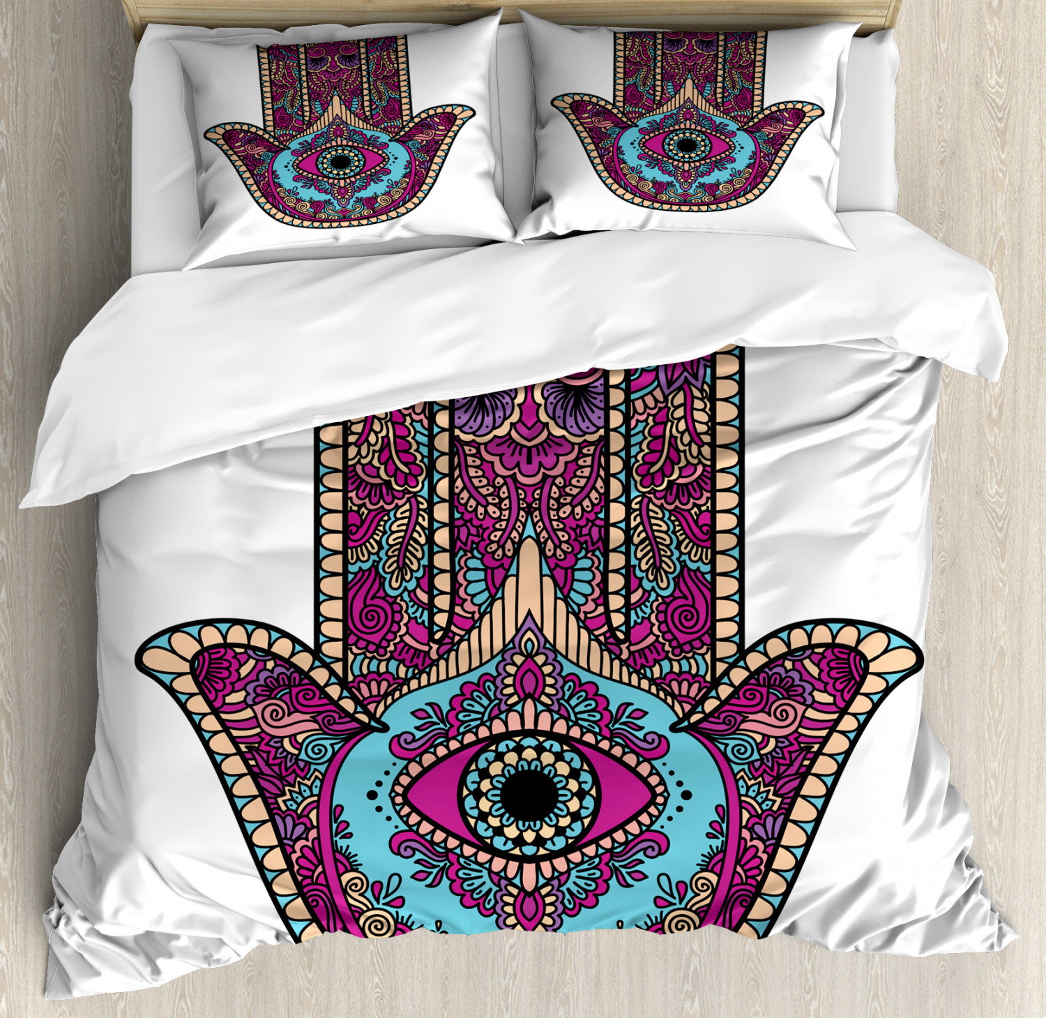 Details about   Hamsa Quilted Bedspread & Pillow Shams Set Sketch Swirls Evil Eye Print 