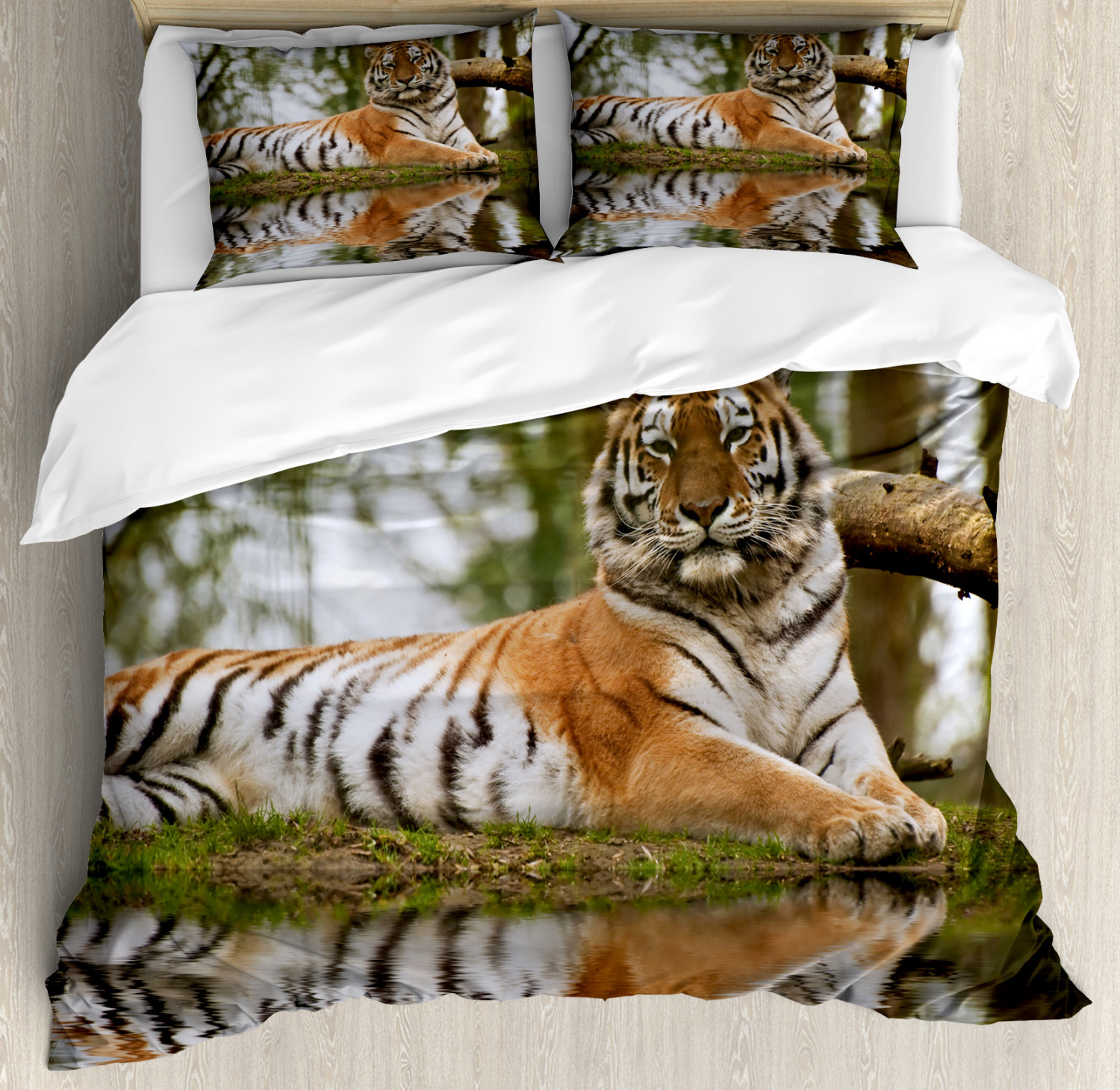 Tiger Quilted Bedspread & Pillow Shams Set Siberian Mammal Warm Day Print 