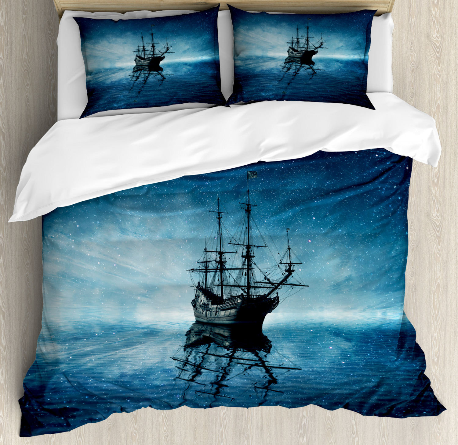 Pirate Ship Duvet Cover Set With Pillow Shams Night Sky Ocean Print