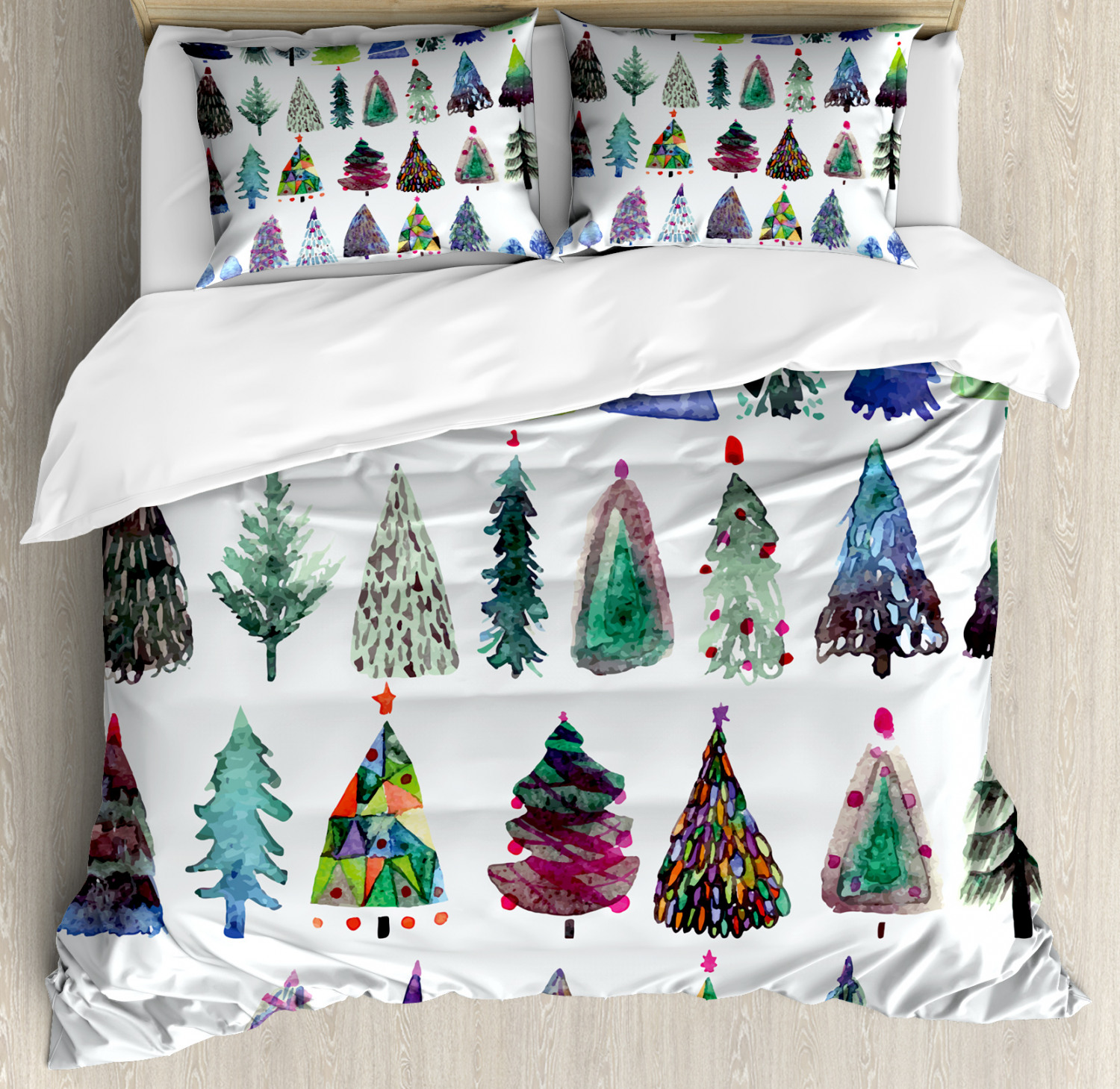 Christmas Duvet Cover Set With Pillow Shams Watercolor Fir Trees