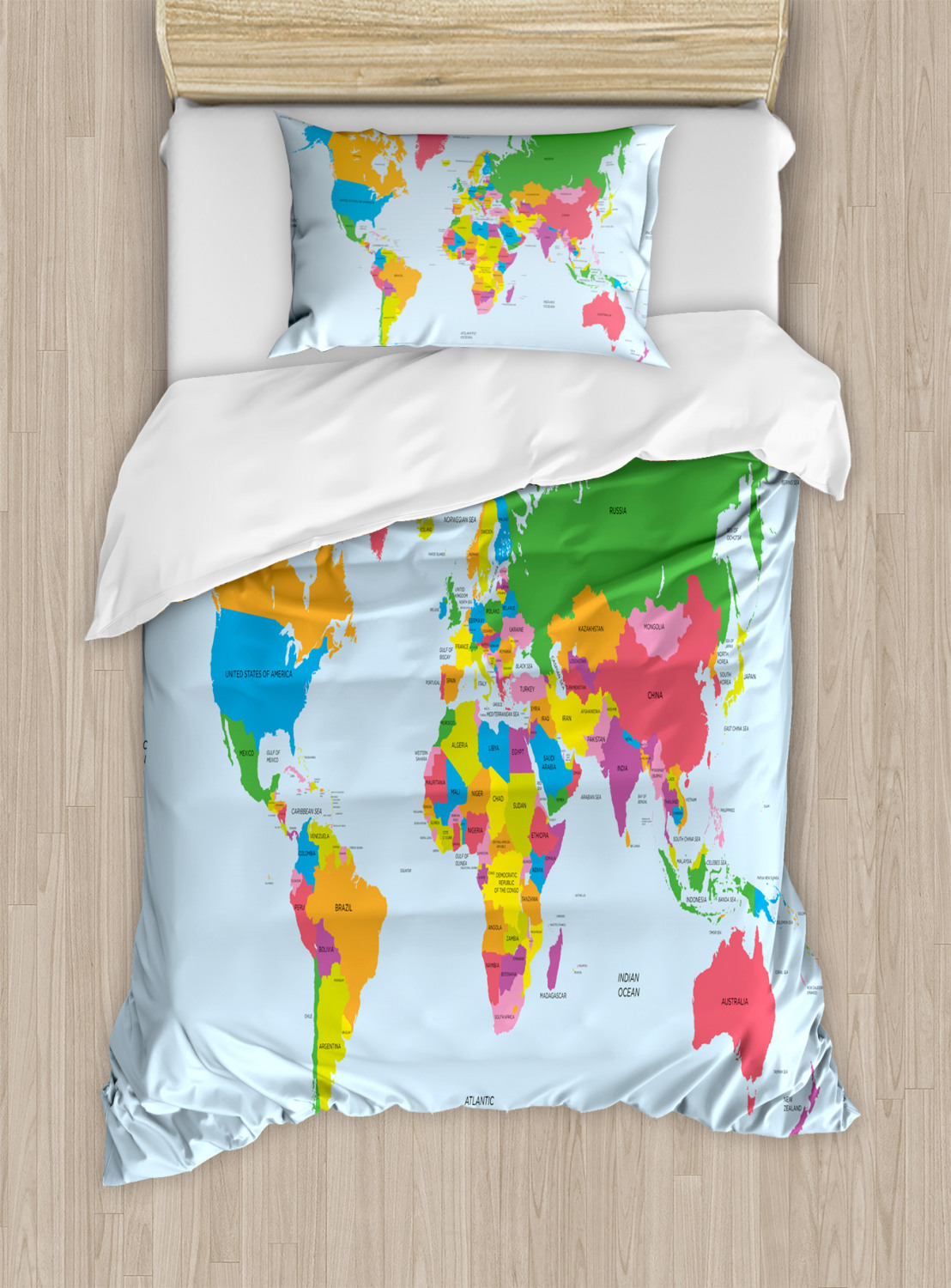 Colorful Political Print World Map Quilted Bedspread & Pillow Shams Set 