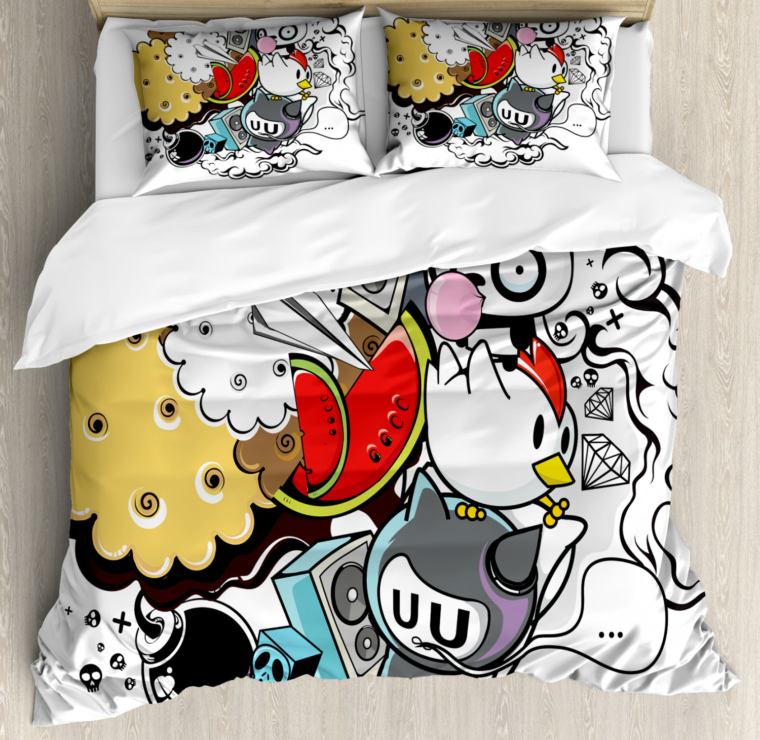 Indie Duvet Cover Set With Pillow Shams Animal Food Crazy Sketch