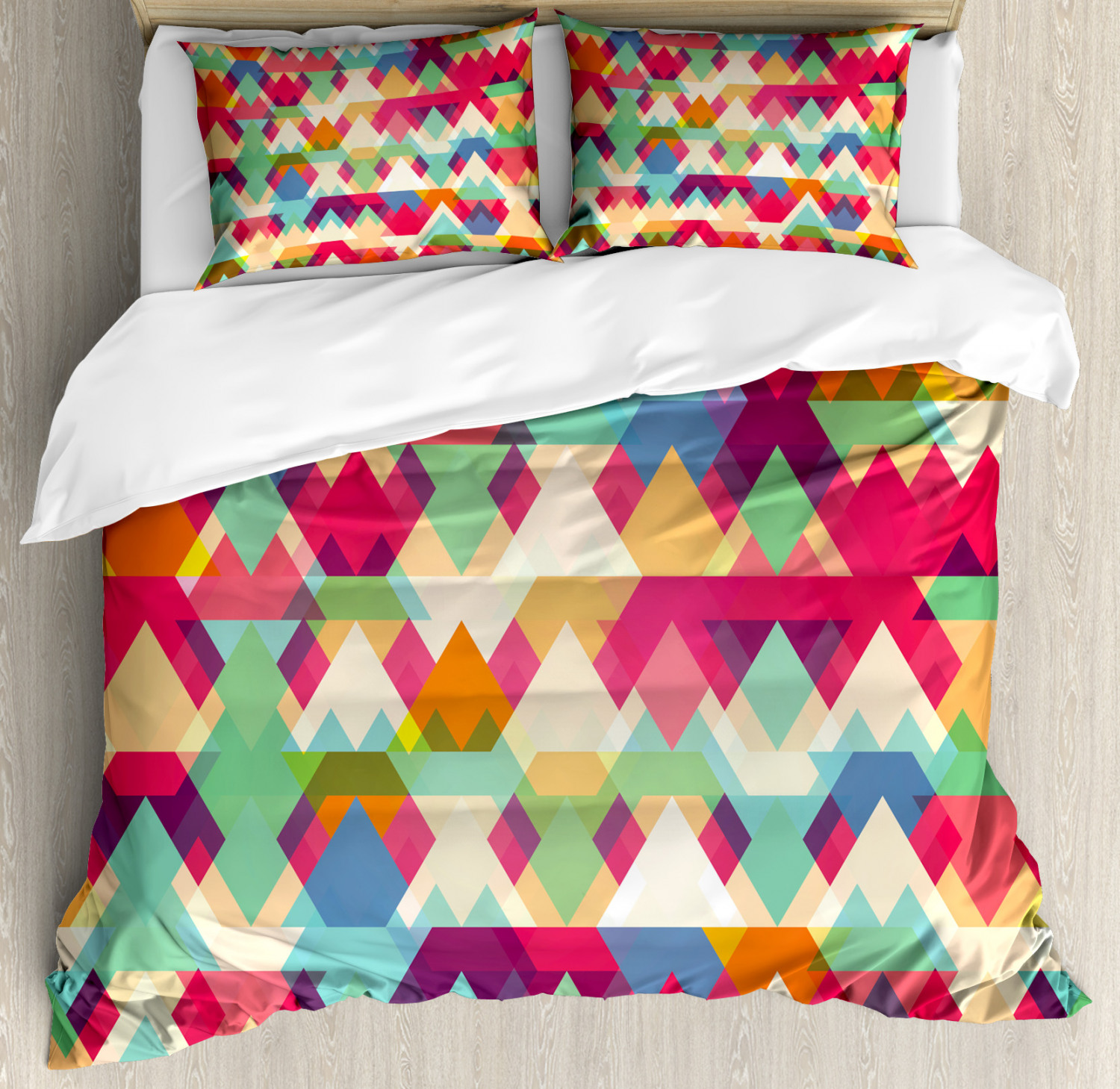 Indie Duvet Cover Set With Pillow Shams Colorful Triangles Artsy