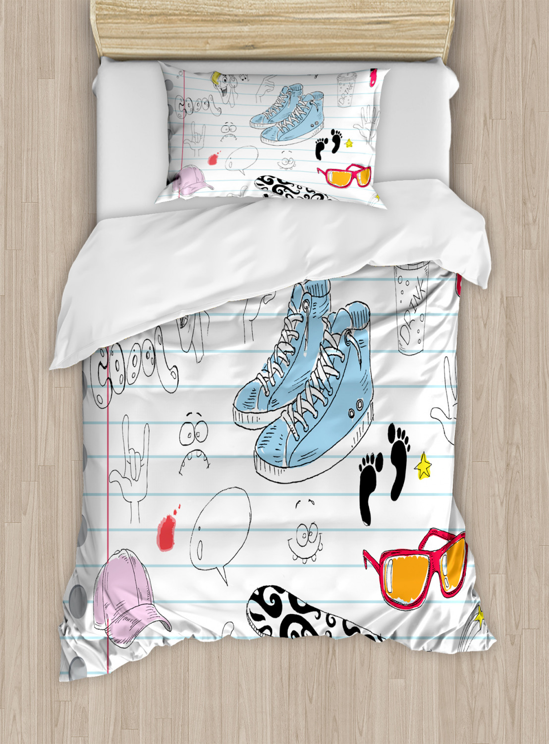 Sketch Duvet Cover Set with Pillow Shams Drawings on a Notebook Print