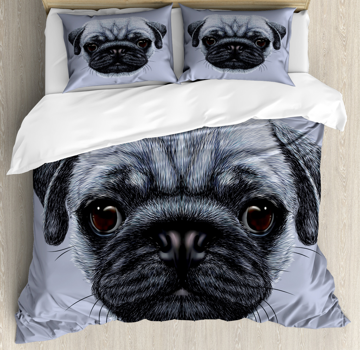 Pug Duvet Cover Set With Pillow Shams Young Puppy Giant Eyes Print